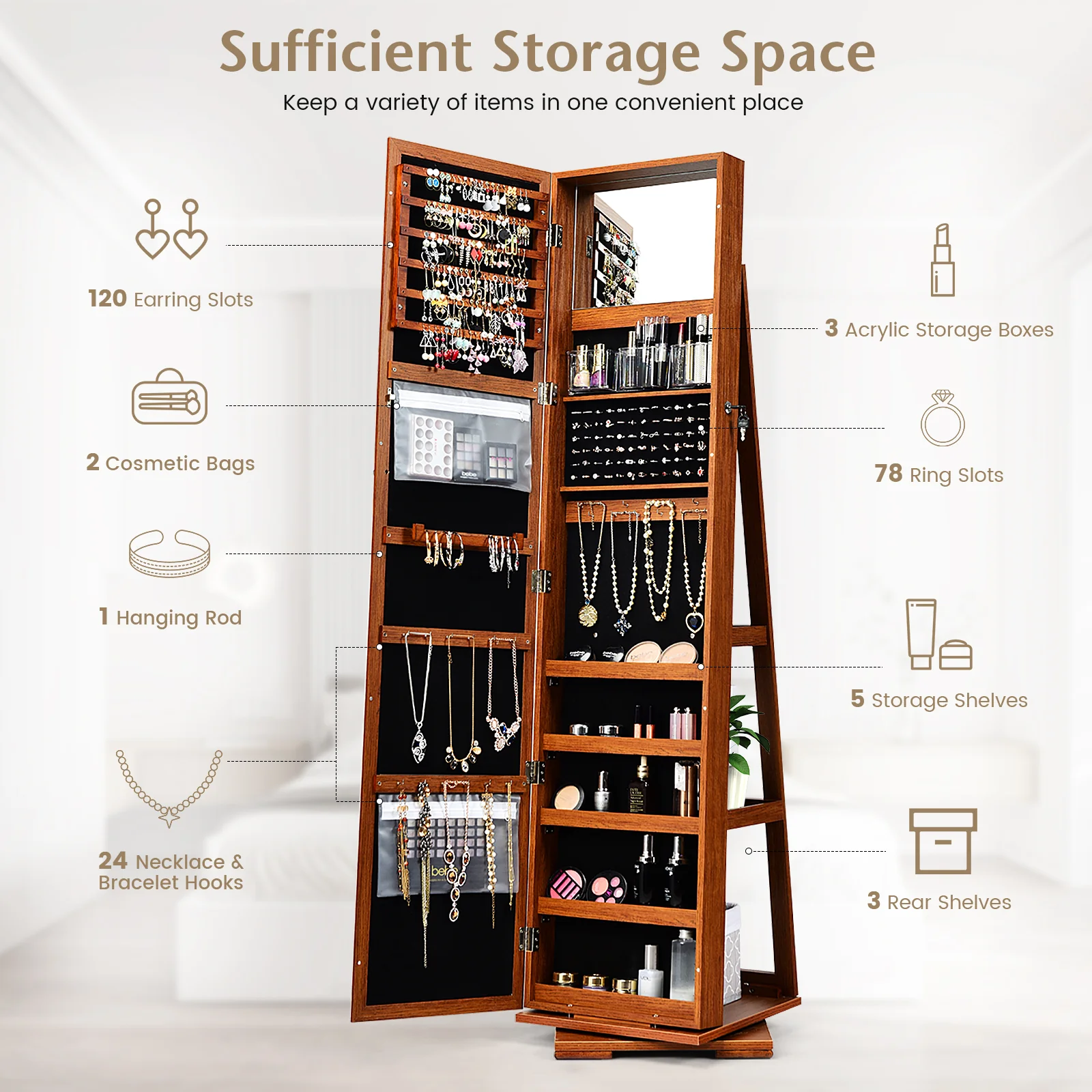 360° Rotatable Armoire, 2-in-1 Lockable Mirrored Jewelry Cabinet, Brown - Image 8