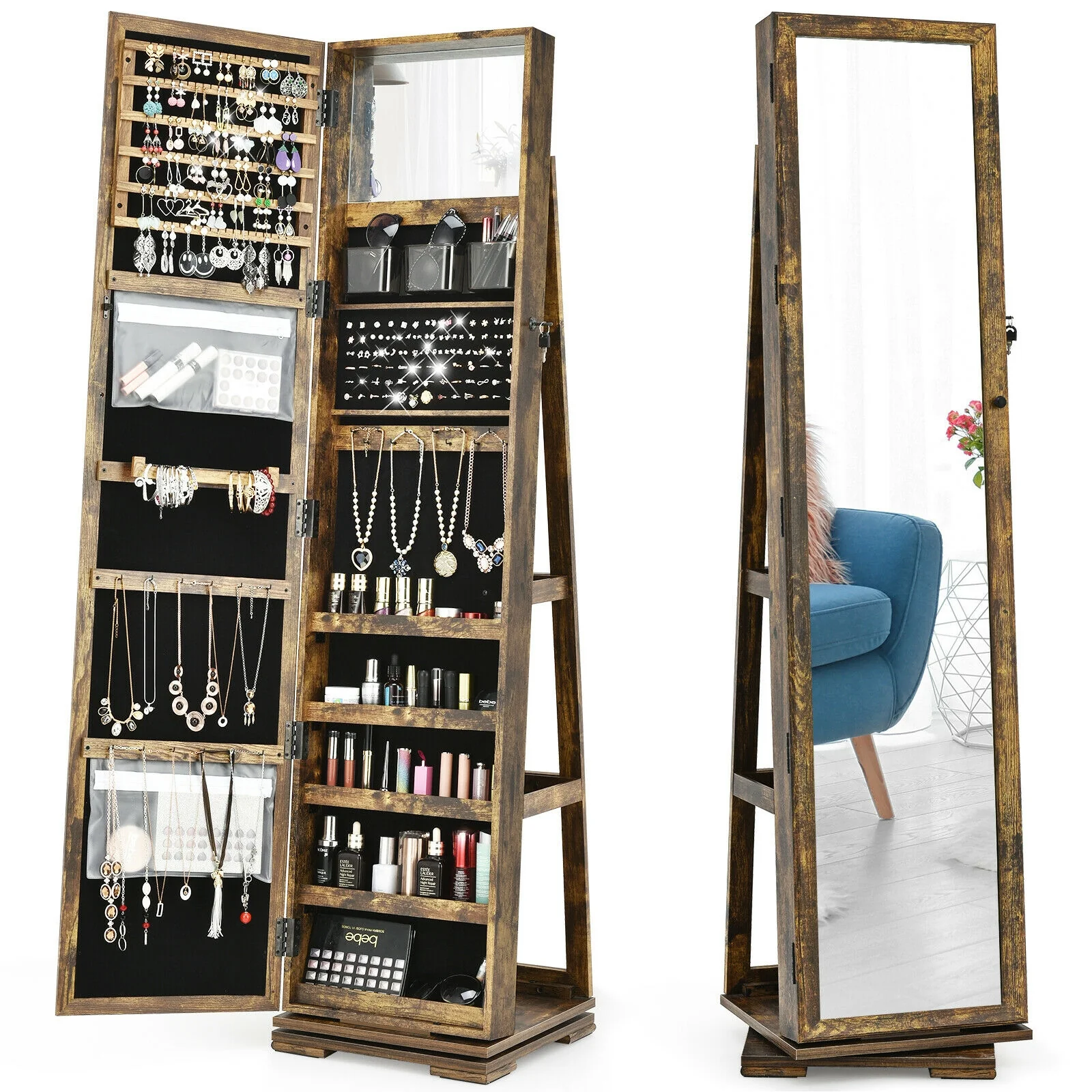 360° Rotatable Armoire, 2-in-1 Lockable Mirrored Jewelry Cabinet, Rustic Brown