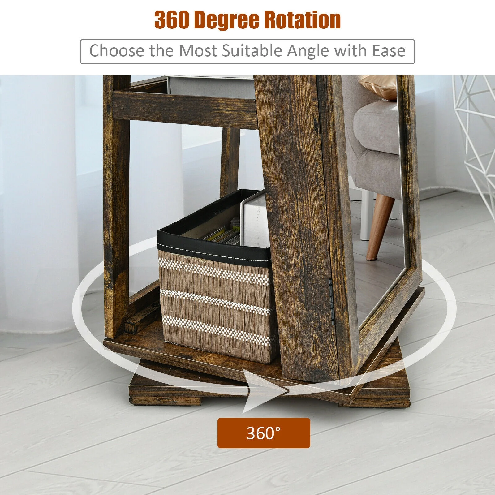 360° Rotatable Armoire, 2-in-1 Lockable Mirrored Jewelry Cabinet, Rustic Brown - Image 10
