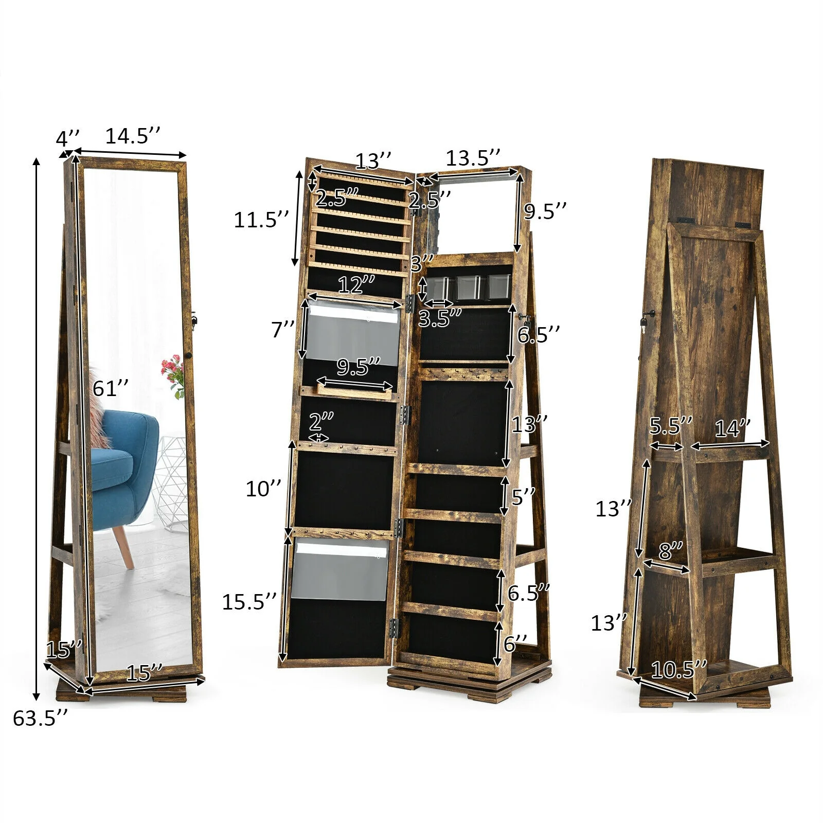 360° Rotatable Armoire, 2-in-1 Lockable Mirrored Jewelry Cabinet, Rustic Brown - Image 6