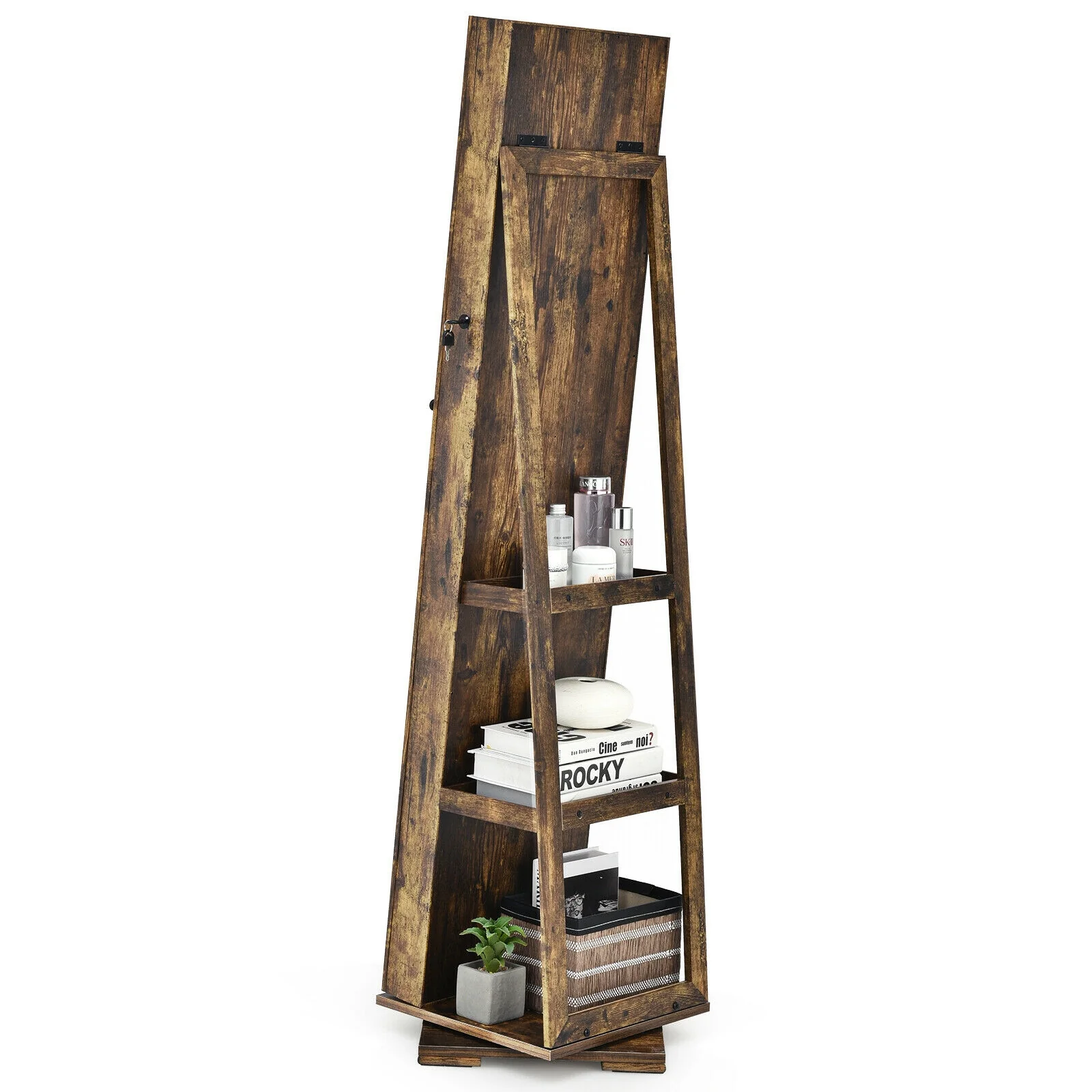 360° Rotatable Armoire, 2-in-1 Lockable Mirrored Jewelry Cabinet, Rustic Brown - Image 9
