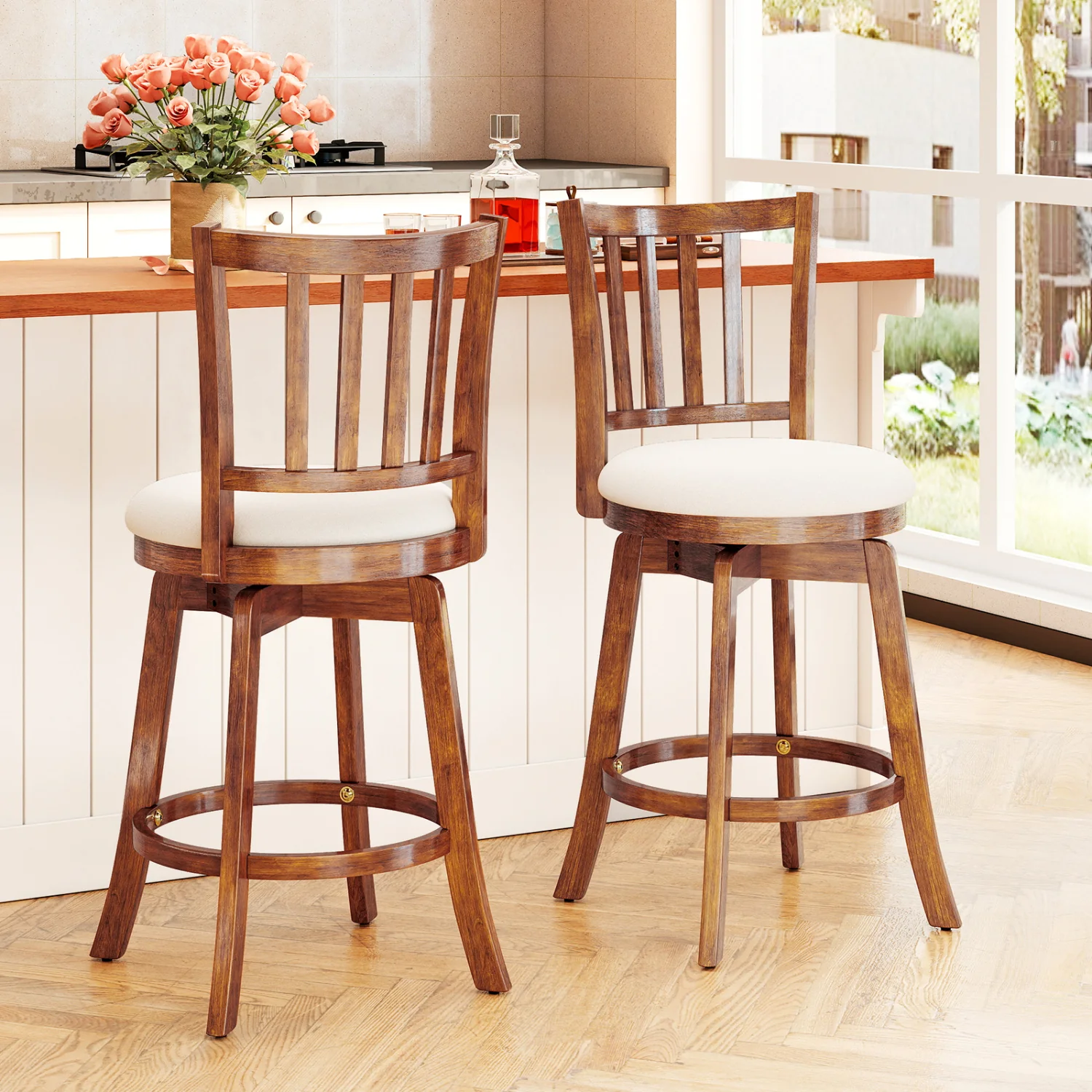 360° Rotating Counter Height Chairs Set of 4 with Backrest and Upholstered Seat-24, Wood - Image 2