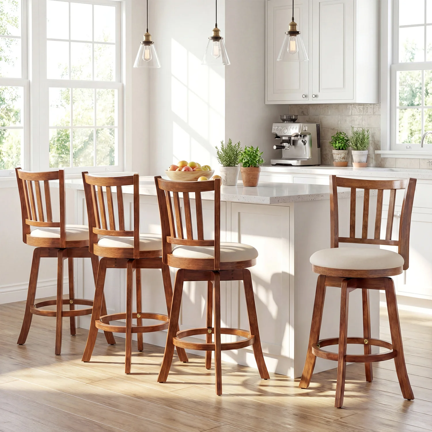 360° Rotating Counter Height Chairs Set of 4 with Backrest and Upholstered Seat-24, Wood - Image 3