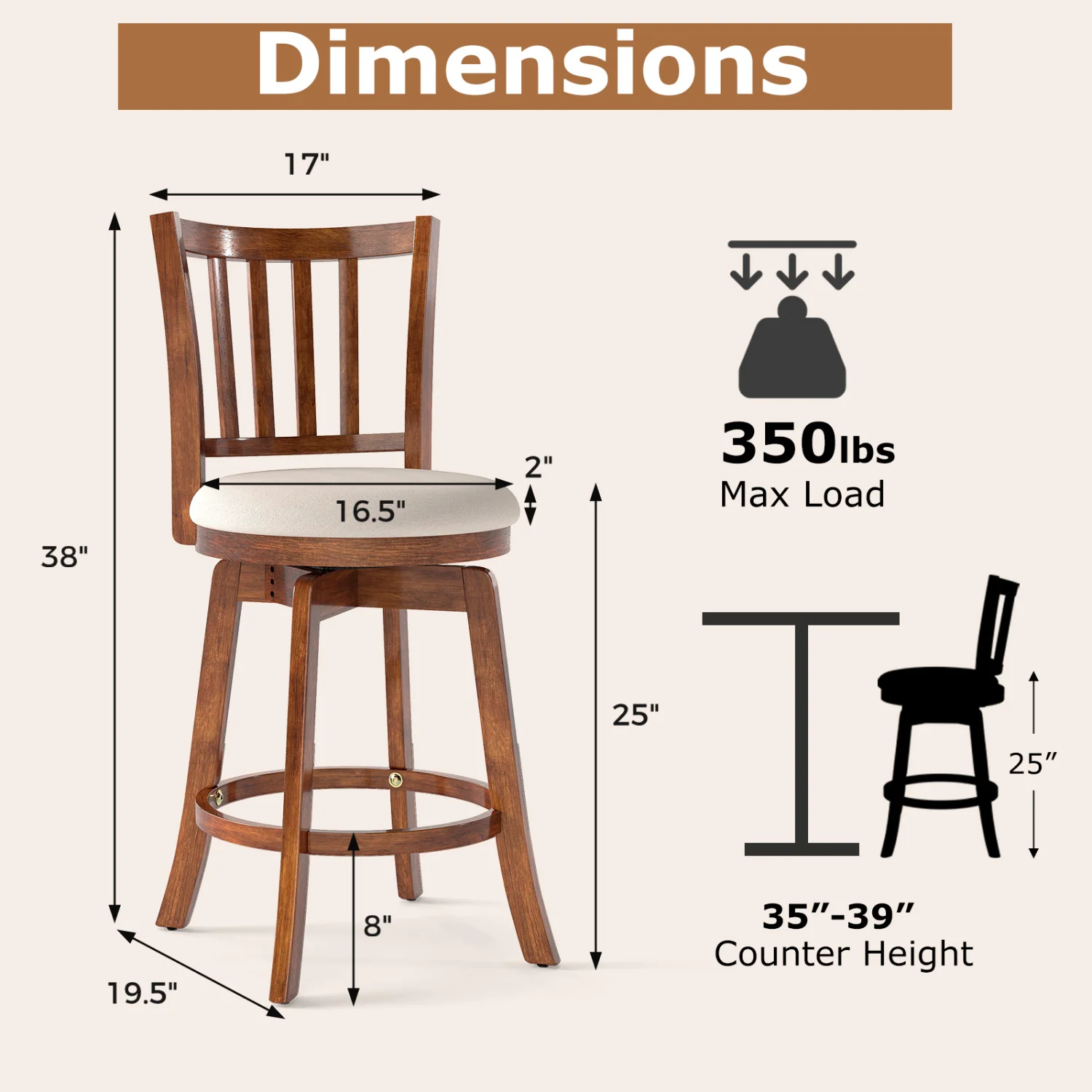 360° Rotating Counter Height Chairs Set of 4 with Backrest and Upholstered Seat-24, Wood - Image 5