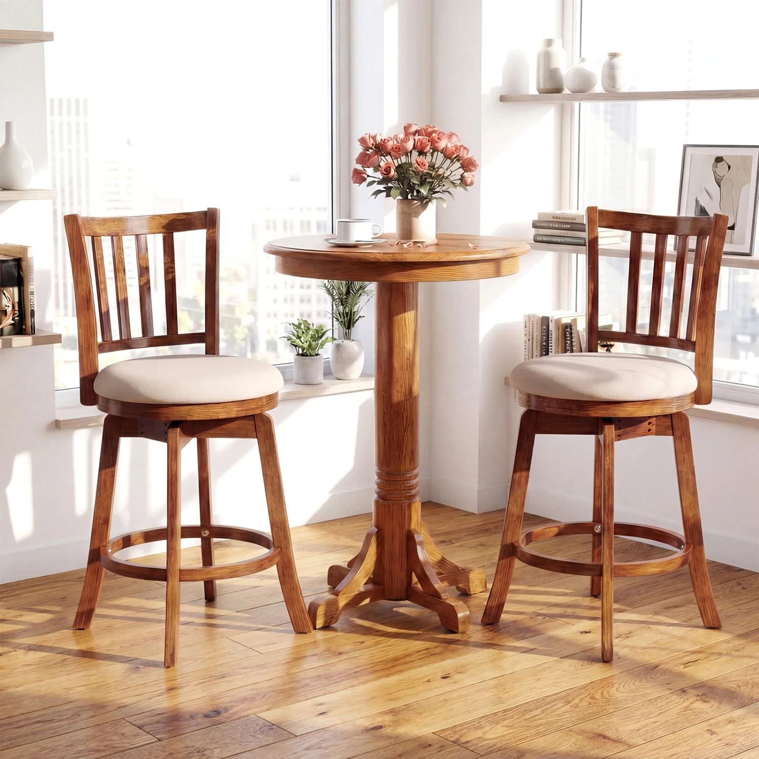 360° Rotating Counter Height Chairs Set of 4 with Backrest and Upholstered Seat-24, Wood - Image 6