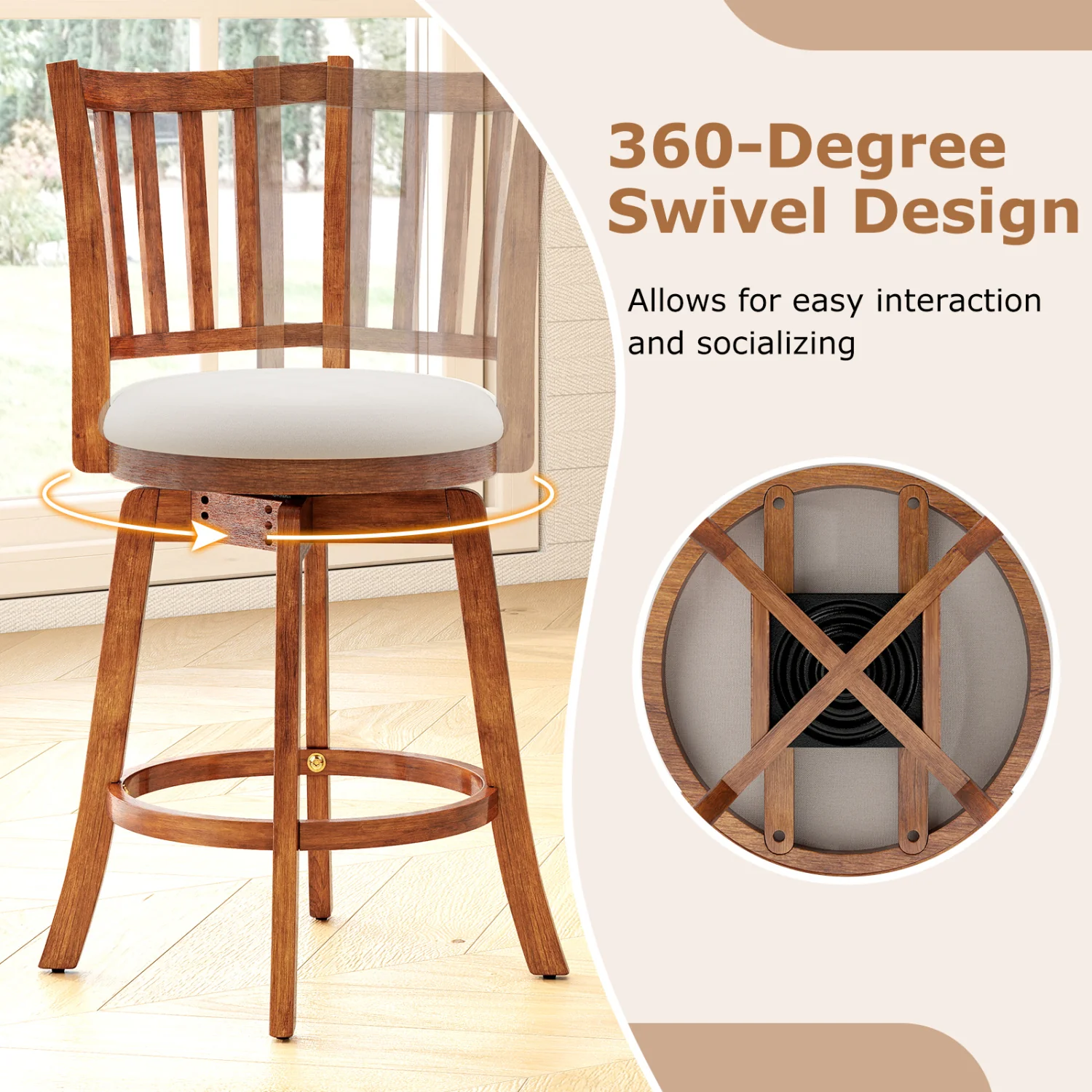 360° Rotating Counter Height Chairs Set of 4 with Backrest and Upholstered Seat-24, Wood - Image 8