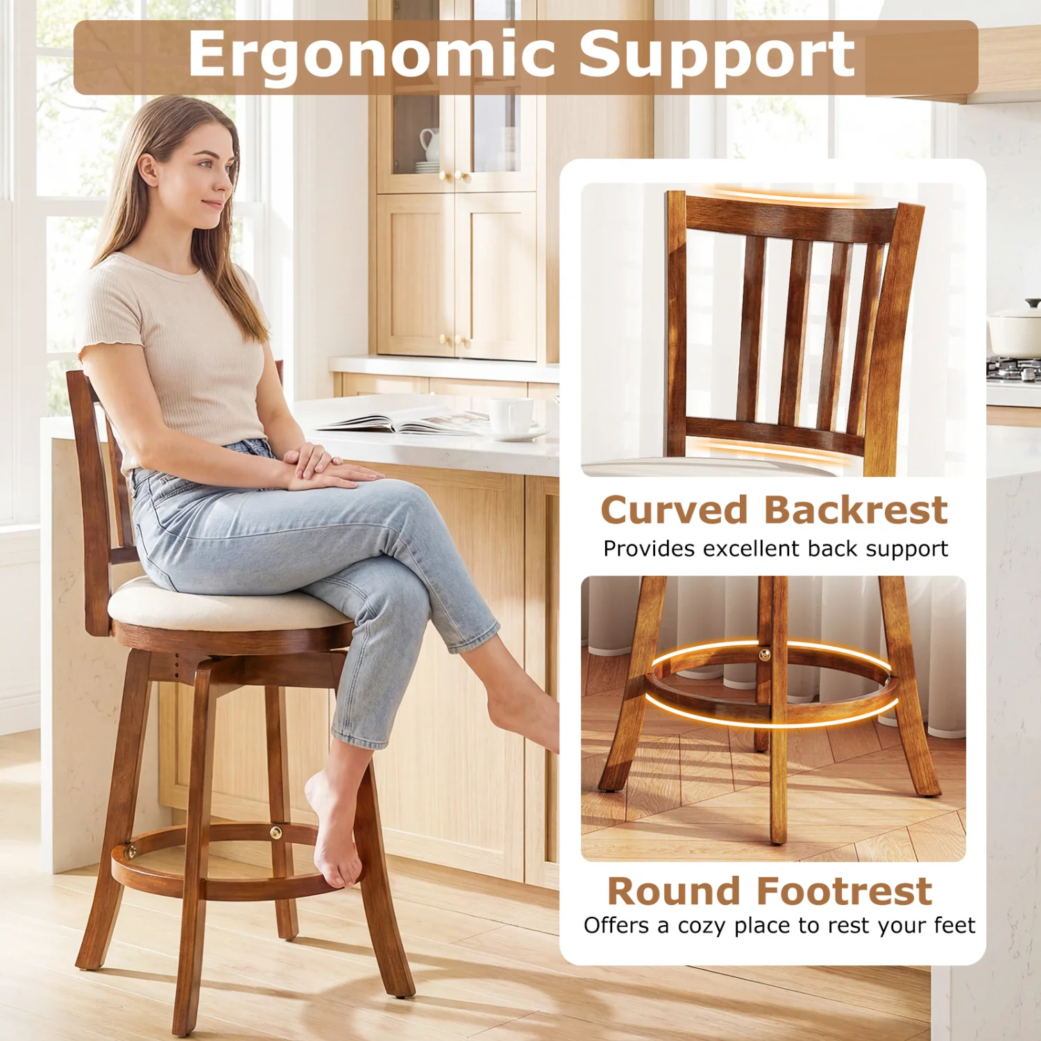360° Rotating Counter Height Chairs Set of 4 with Backrest and Upholstered Seat-24, Wood - Image 9