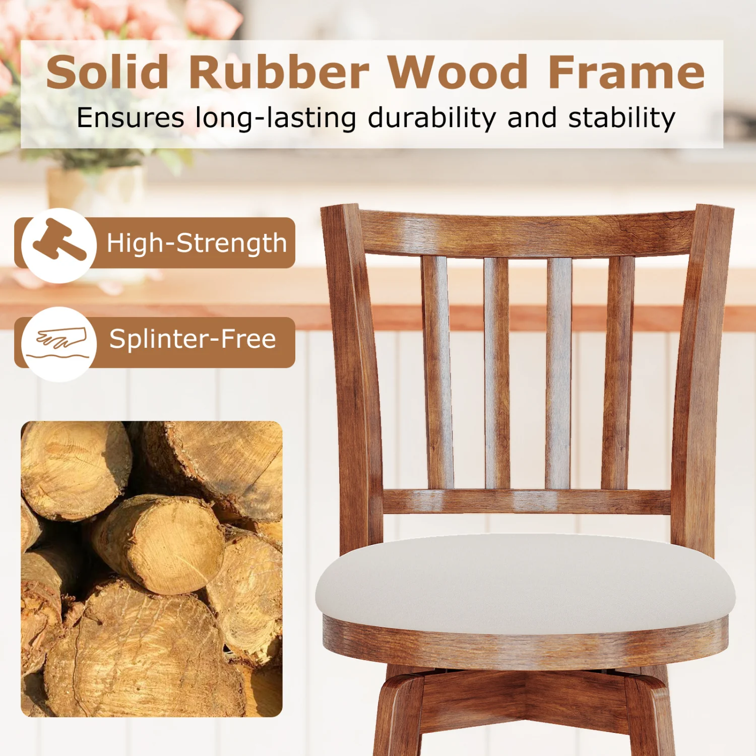 360° Rotating Counter Height Chairs Set of 4 with Backrest and Upholstered Seat-29, Wood - Image 10