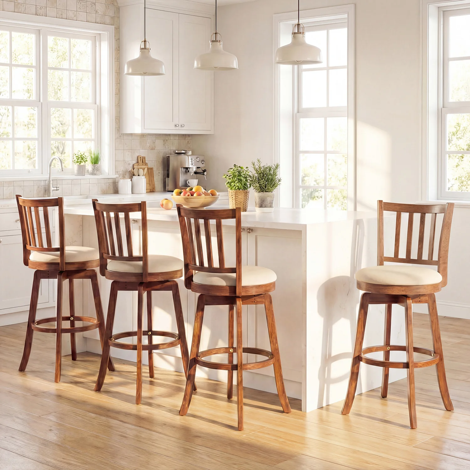 360° Rotating Counter Height Chairs Set of 4 with Backrest and Upholstered Seat-29, Wood - Image 2