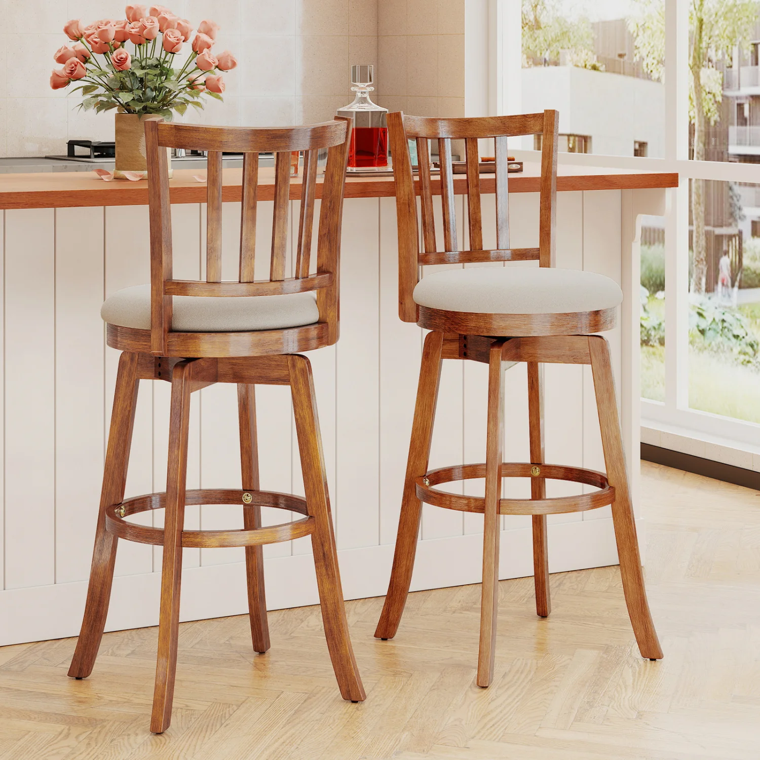 360° Rotating Counter Height Chairs Set of 4 with Backrest and Upholstered Seat-29, Wood - Image 3