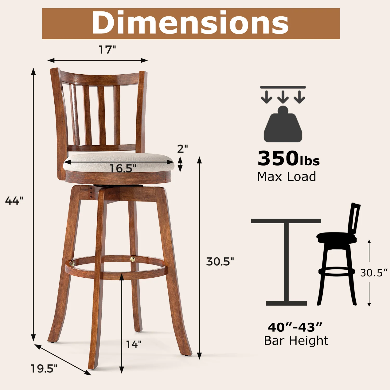 360° Rotating Counter Height Chairs Set of 4 with Backrest and Upholstered Seat-29, Wood - Image 5