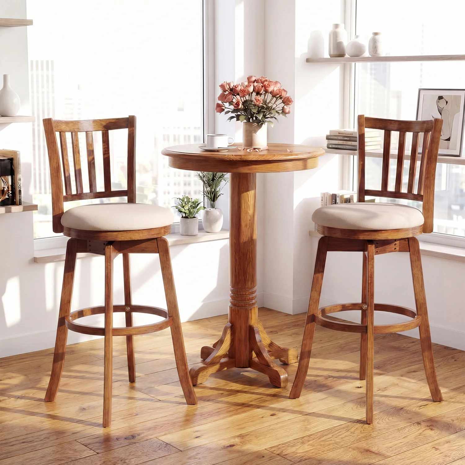 360° Rotating Counter Height Chairs Set of 4 with Backrest and Upholstered Seat-29, Wood - Image 6