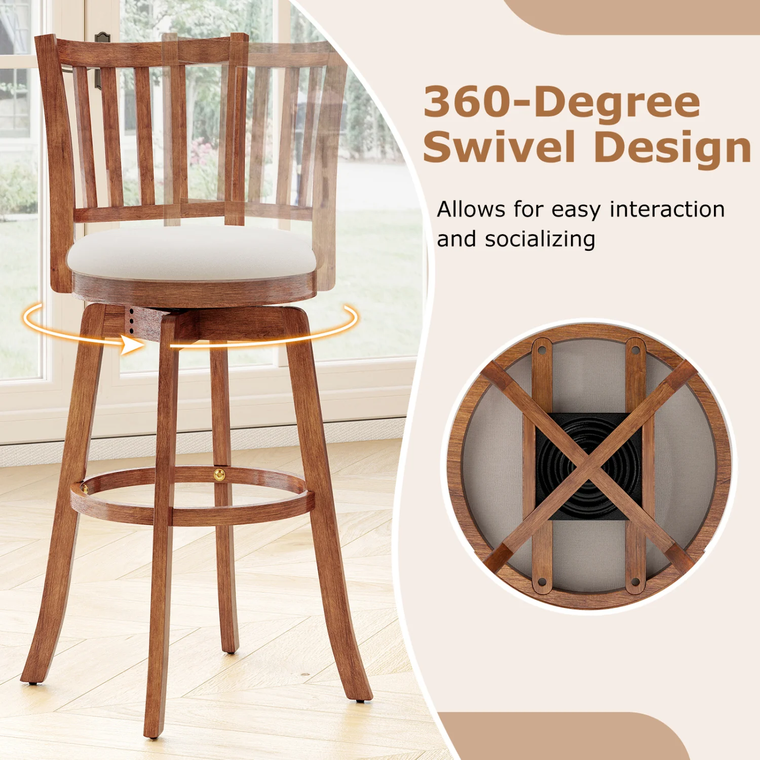 360° Rotating Counter Height Chairs Set of 4 with Backrest and Upholstered Seat-29, Wood - Image 8