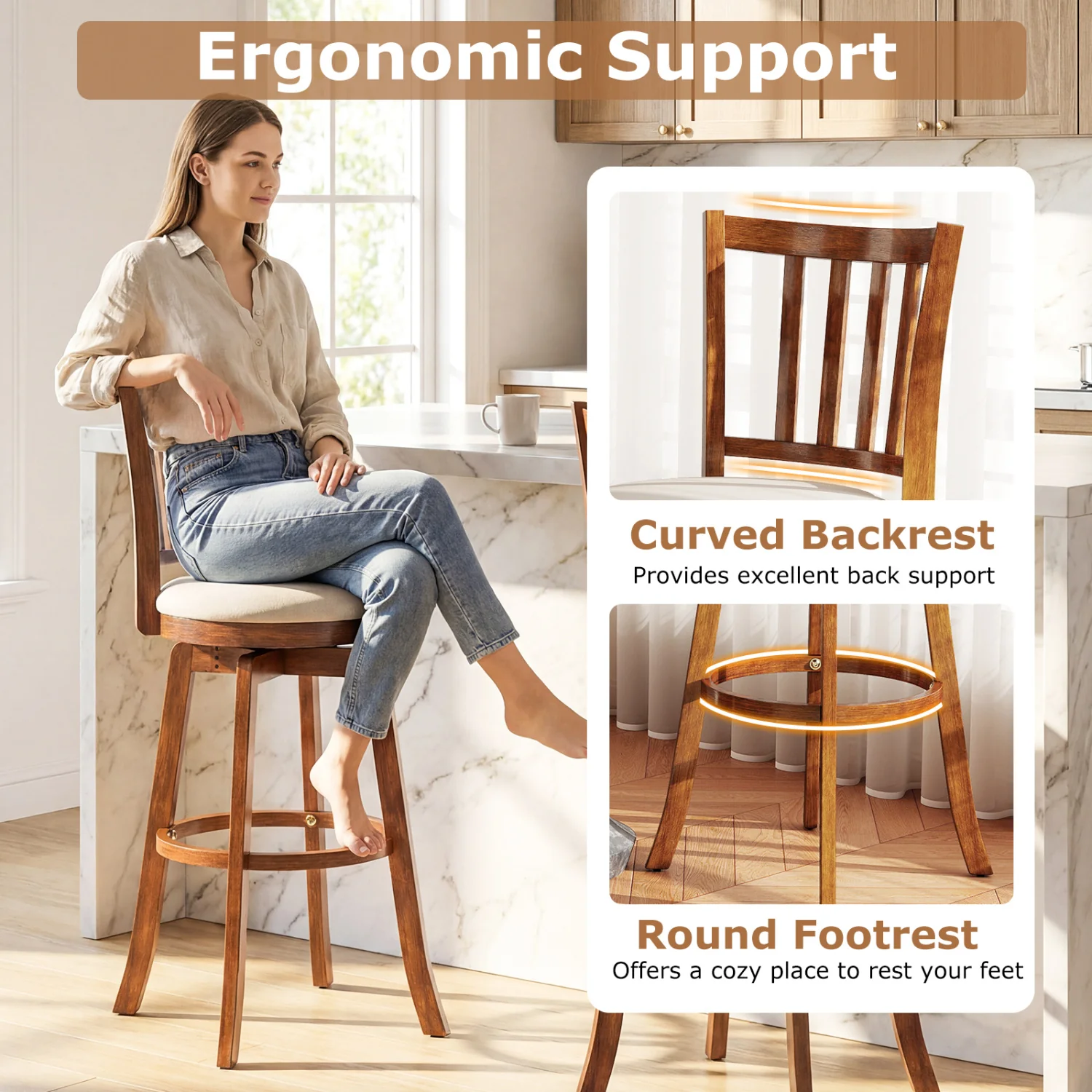 360° Rotating Counter Height Chairs Set of 4 with Backrest and Upholstered Seat-29, Wood - Image 9