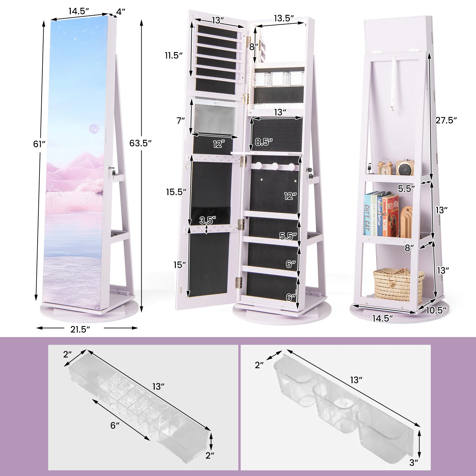 360° Rotating Jewelry Cabinet, 3 LED Modes, Lockable, Purple - Image 5