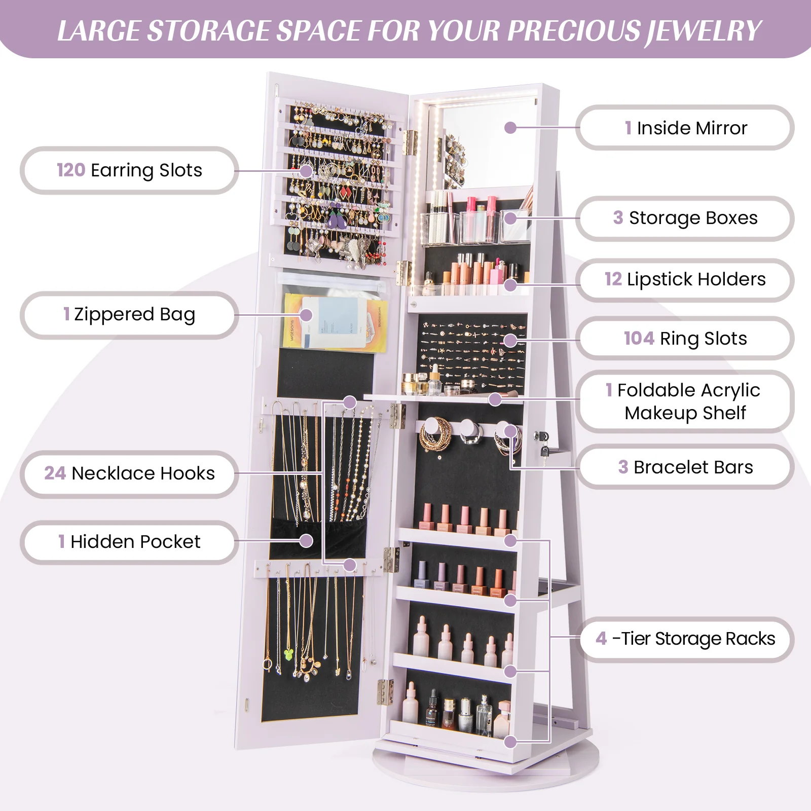 360° Rotating Jewelry Cabinet, 3 LED Modes, Lockable, Purple - Image 7