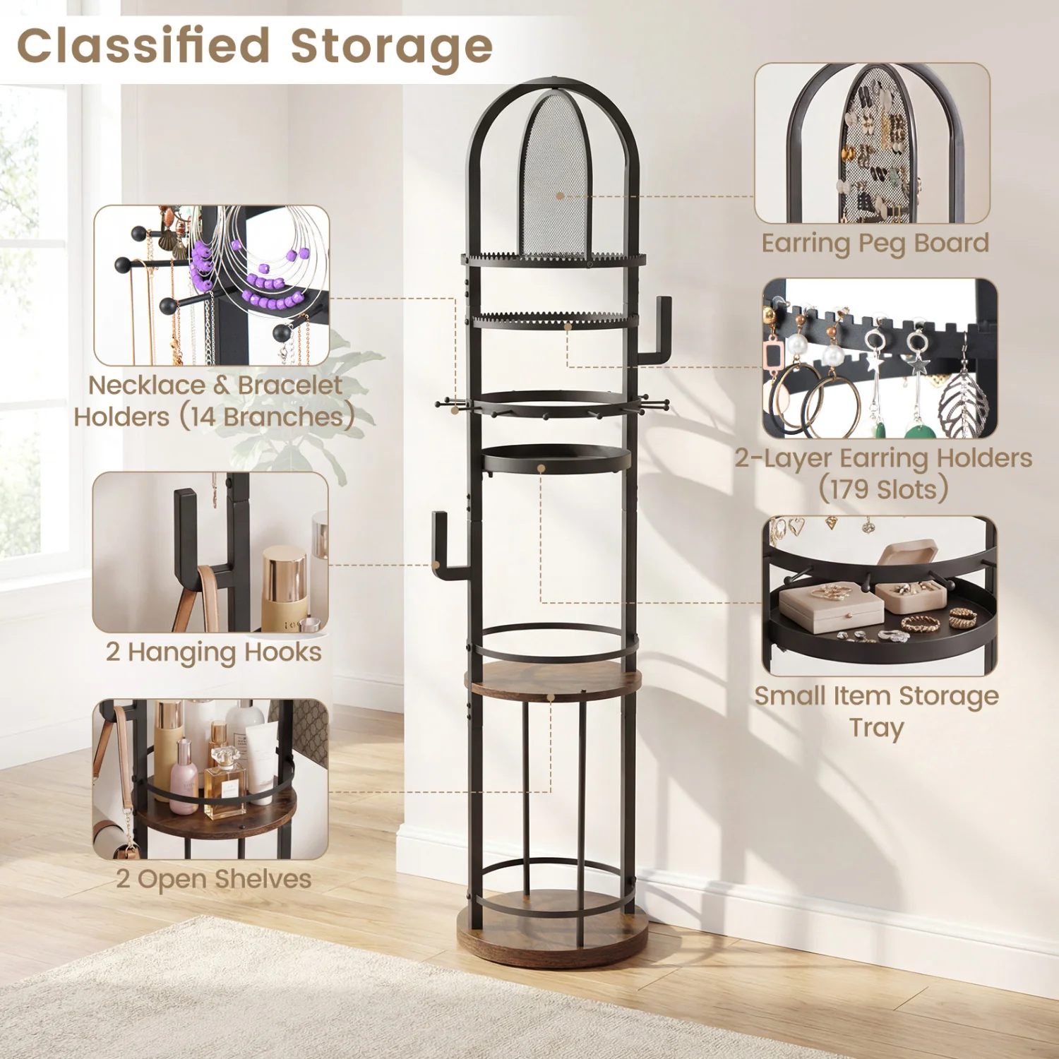 360° Rotating Jewelry Storage Rack, 3 Shelves, Brown - Image 9