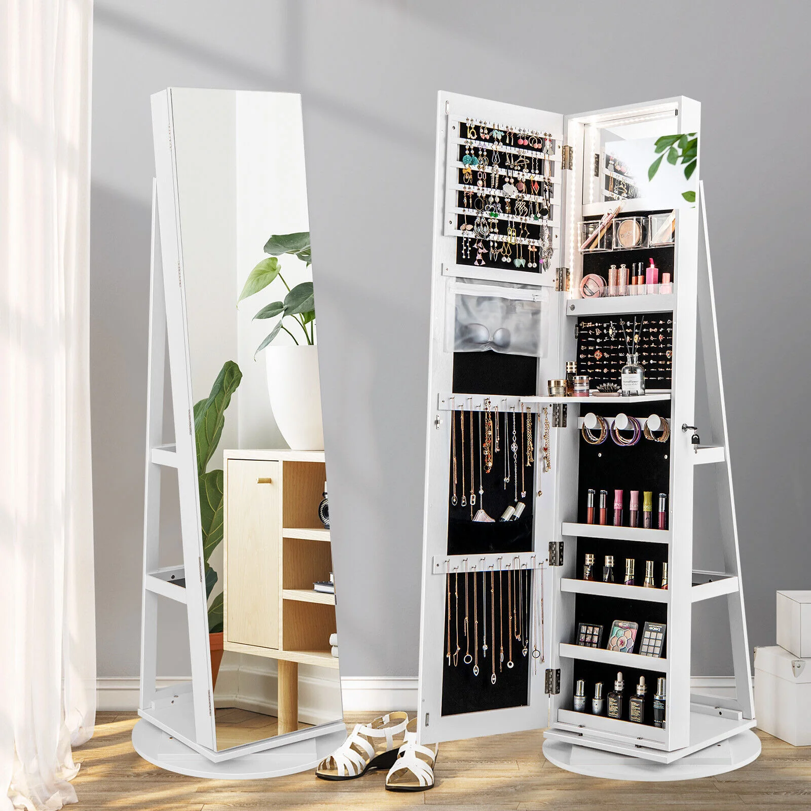 360° Rotating Mirrored Jewelry Cabinet, 3 Color LED Modes, Lockable, White - Image 2