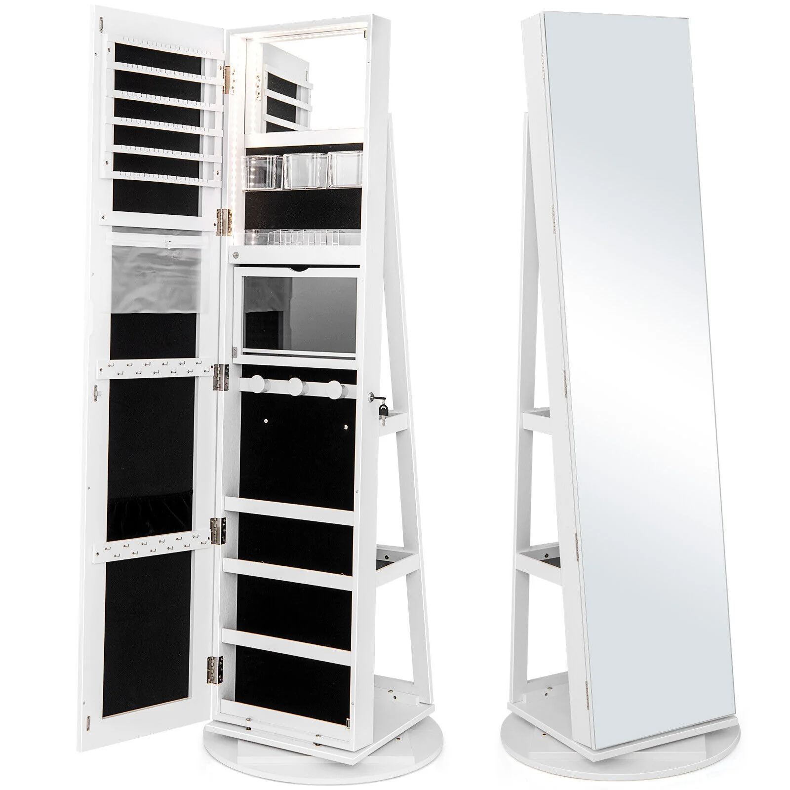 360° Rotating Mirrored Jewelry Cabinet, 3 Color LED Modes, Lockable, White - Image 4