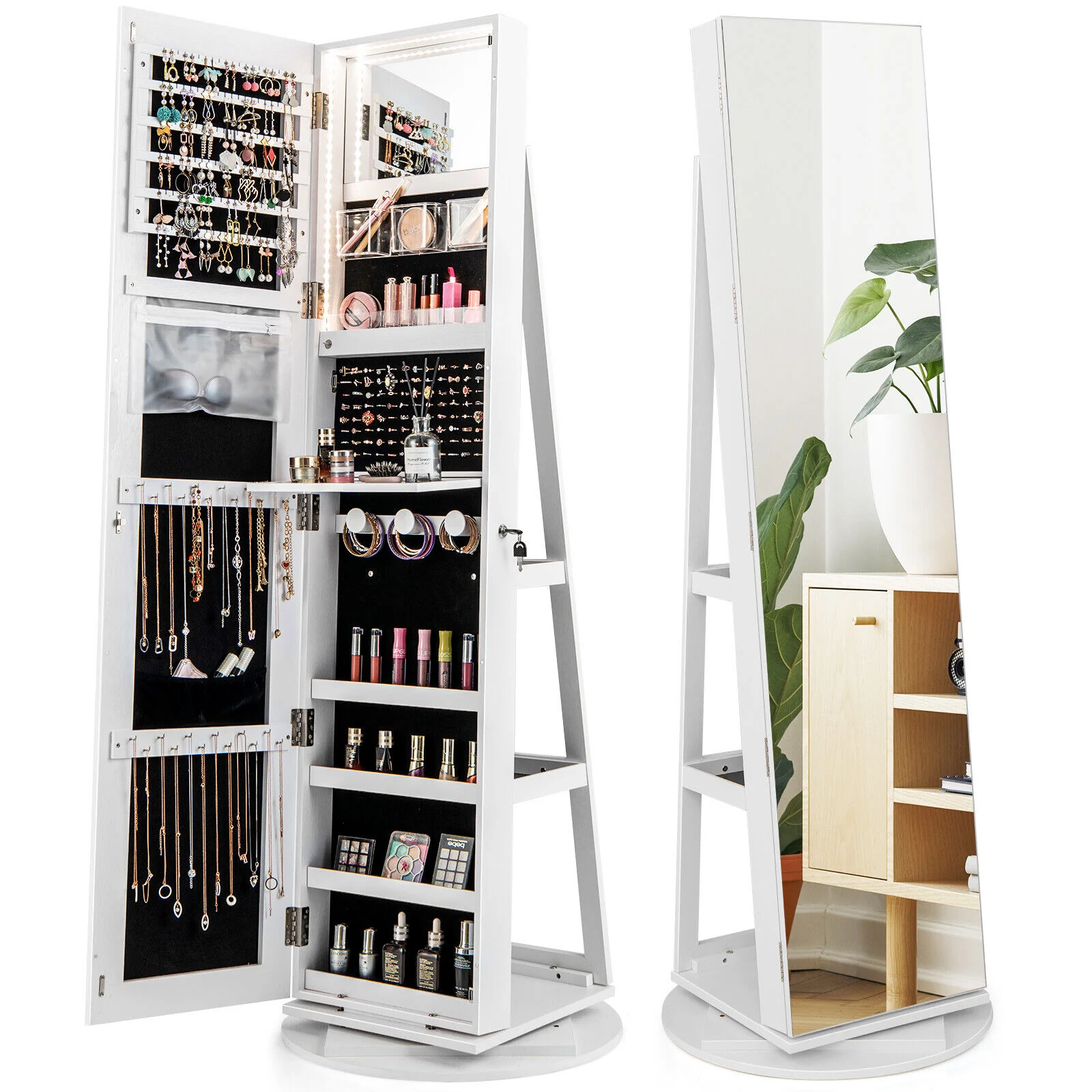 360° Rotating Mirrored Jewelry Cabinet, 3 Color LED Modes, Lockable, White - Image 5