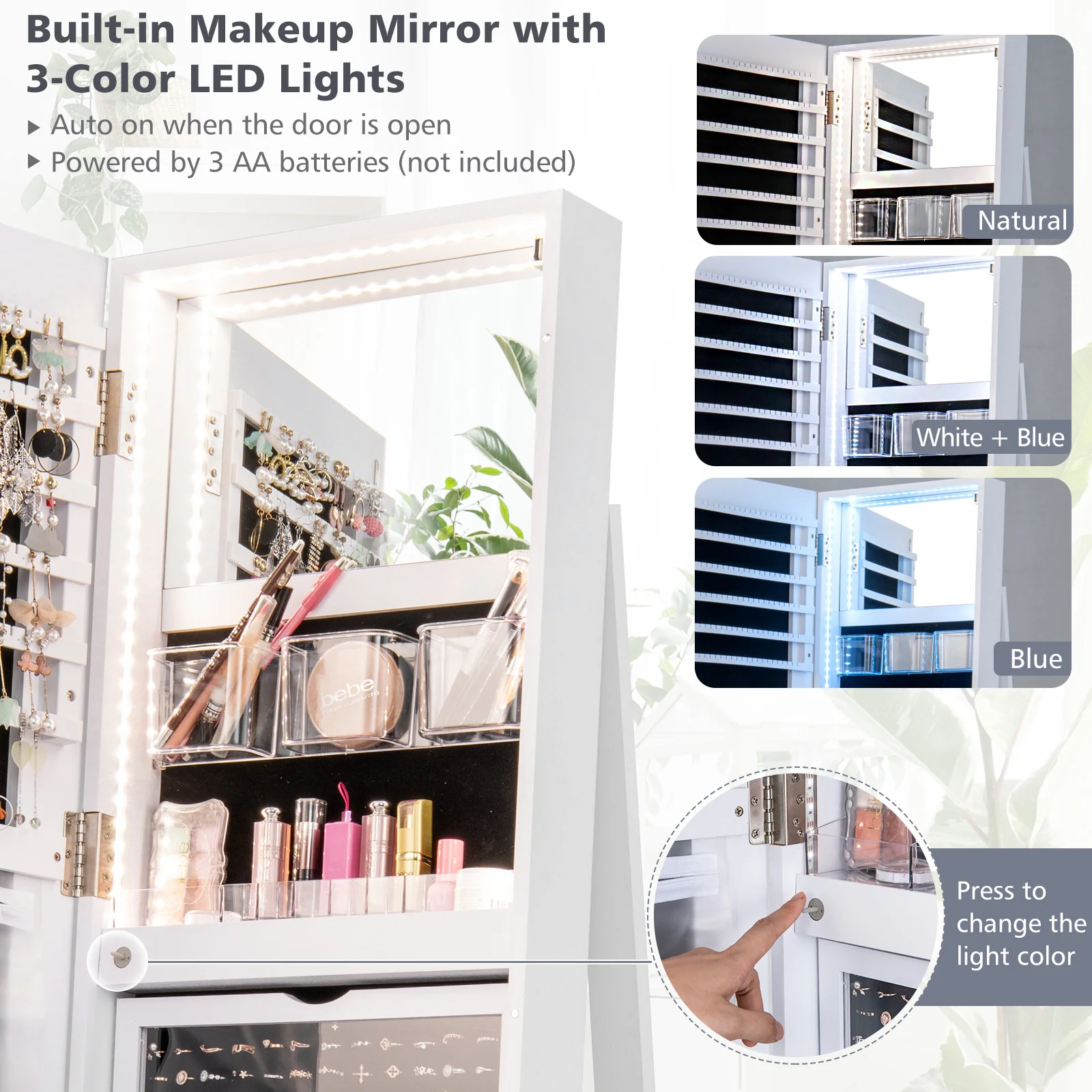 360° Rotating Mirrored Jewelry Cabinet, 3 Color LED Modes, Lockable, White - Image 9