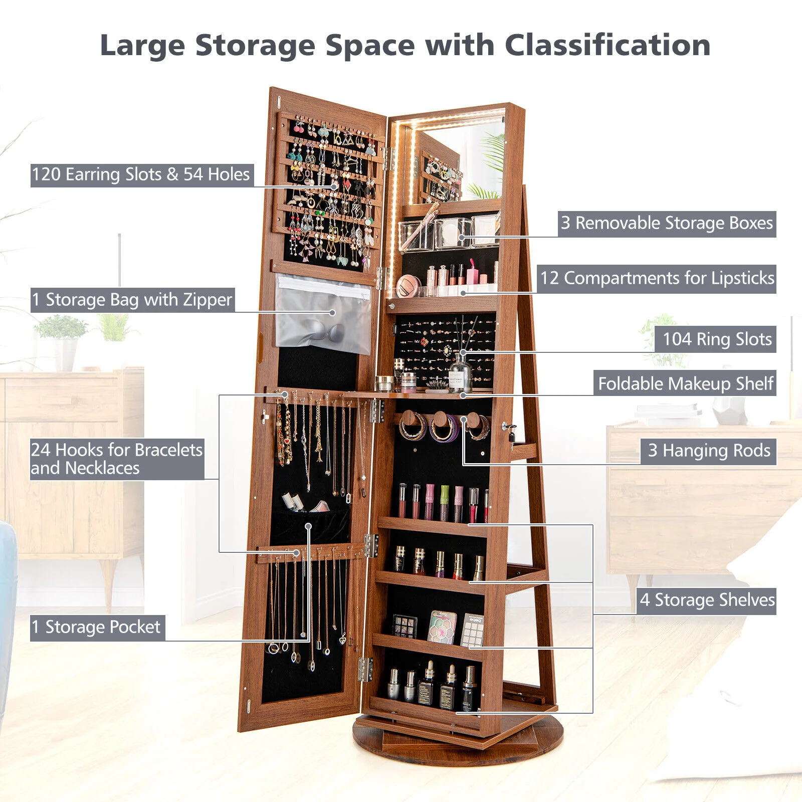 360° Rotating Mirrored Jewelry Cabinet, 3 LED Modes, Lockable, Dark Brown - Image 10