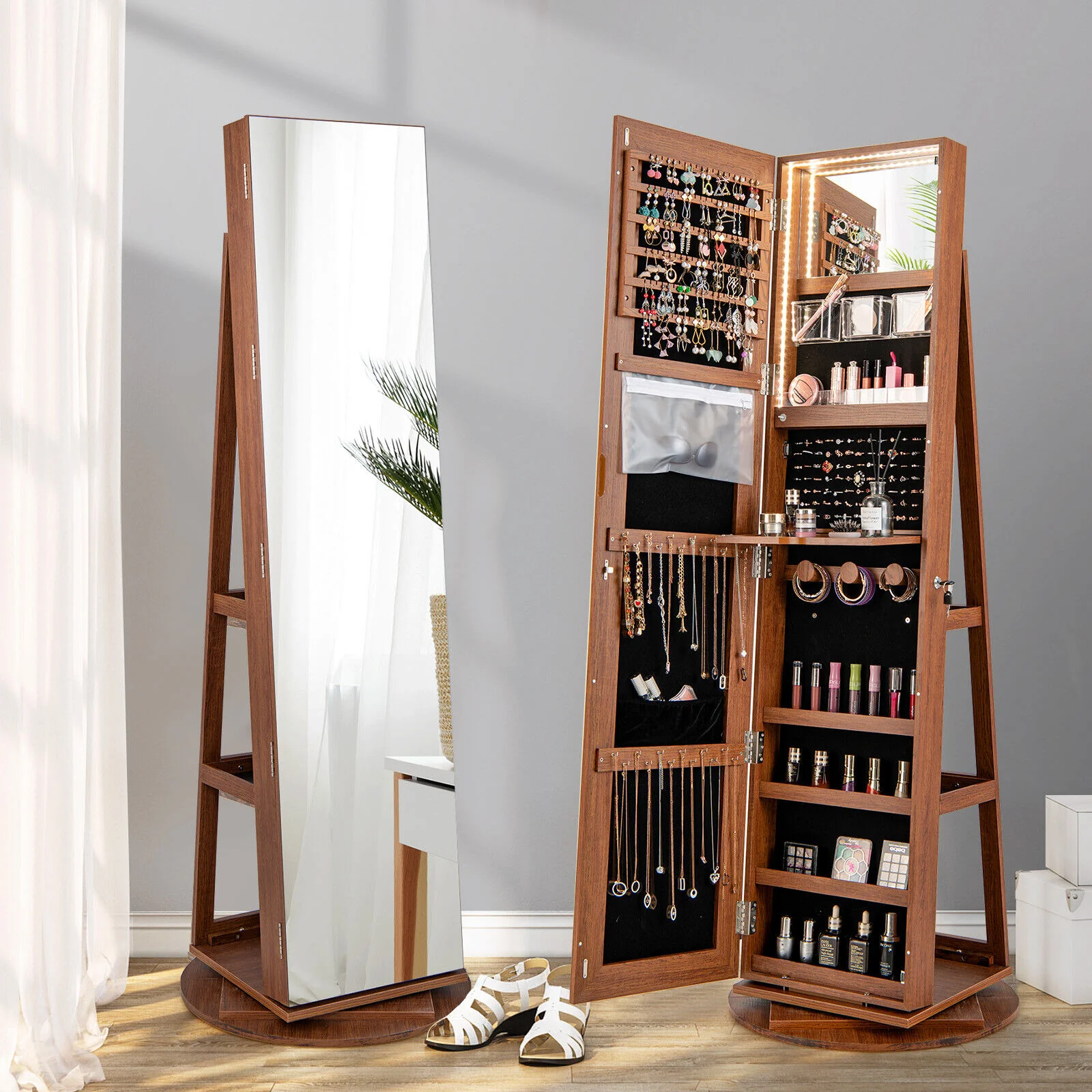 360° Rotating Mirrored Jewelry Cabinet, 3 LED Modes, Lockable, Dark Brown - Image 2