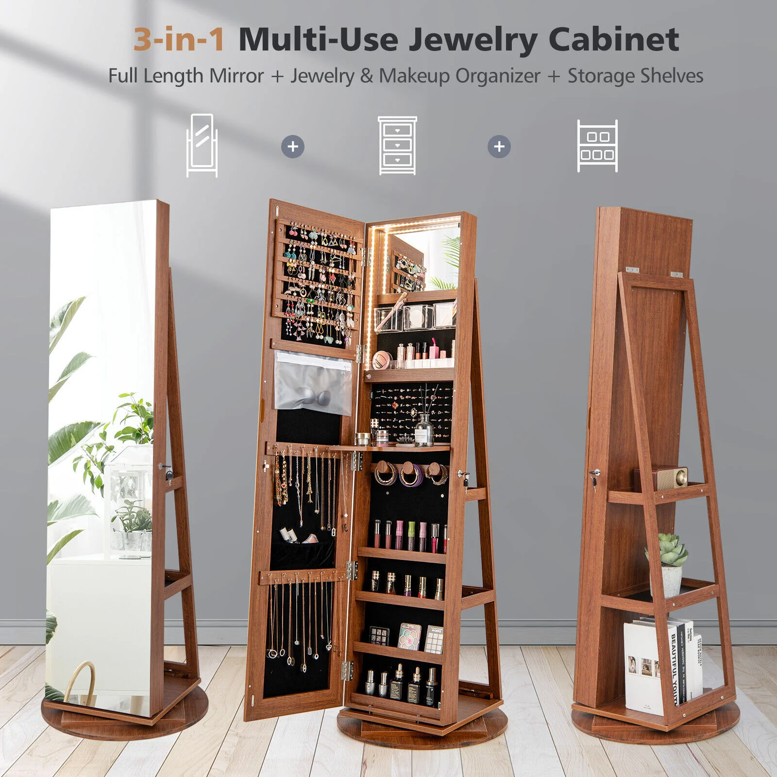 360° Rotating Mirrored Jewelry Cabinet, 3 LED Modes, Lockable, Dark Brown - Image 3