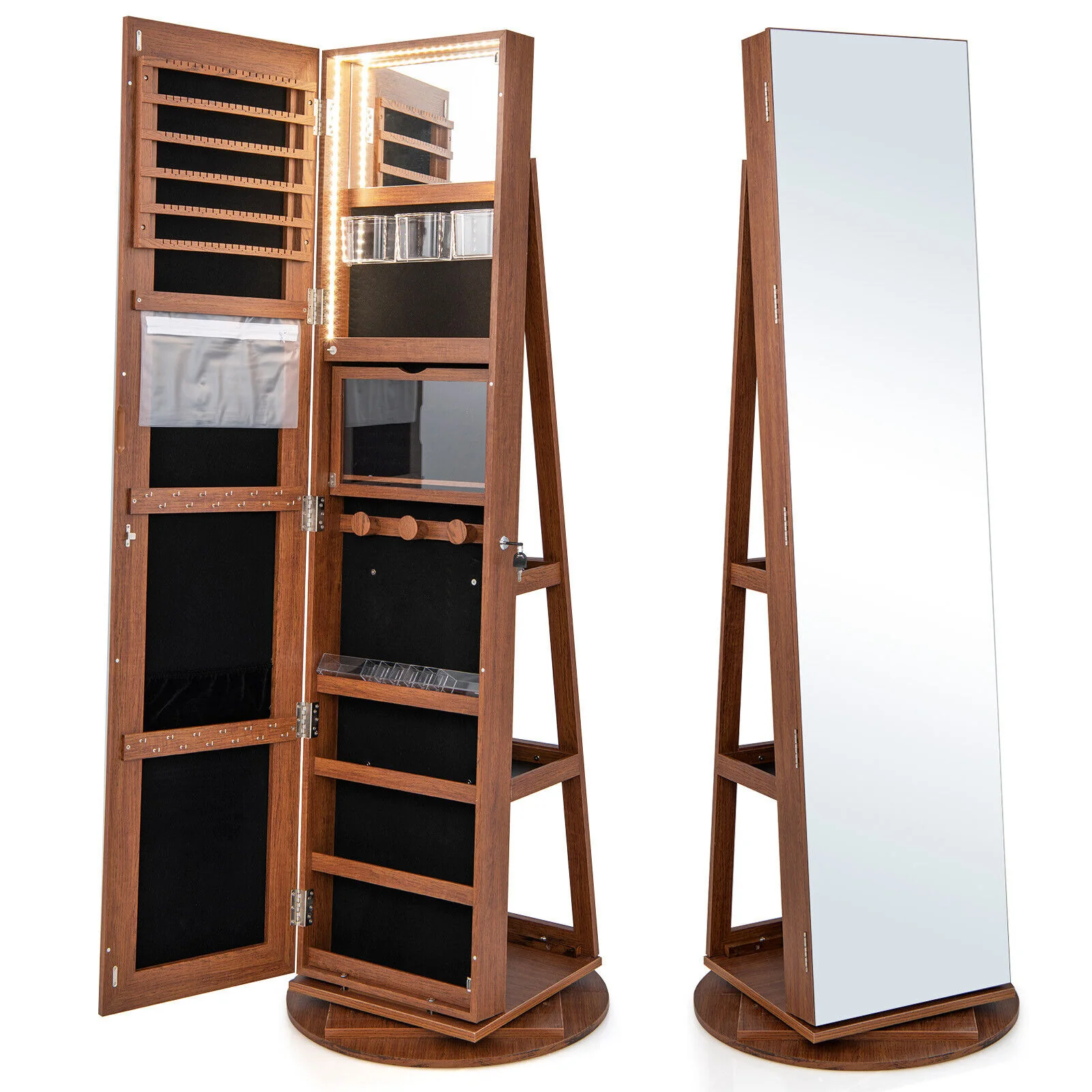 360° Rotating Mirrored Jewelry Cabinet, 3 LED Modes, Lockable, Dark Brown - Image 4