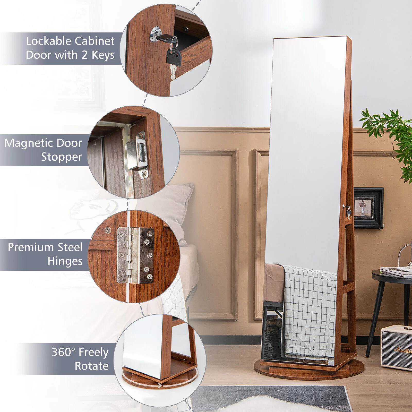 360° Rotating Mirrored Jewelry Cabinet, 3 LED Modes, Lockable, Dark Brown - Image 6