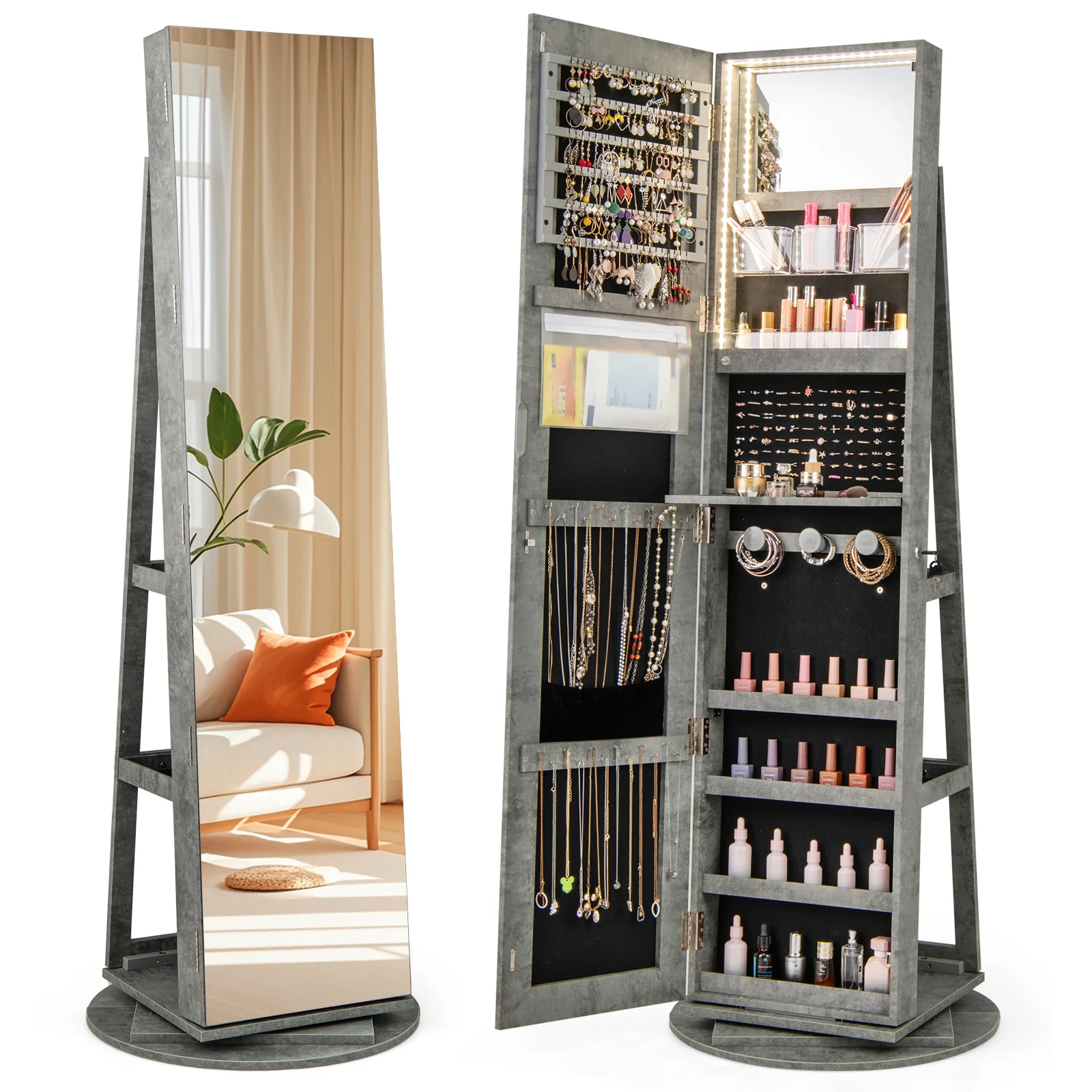 360° Rotating Mirrored Jewelry Cabinet, 3 LED Modes Lockable, Green