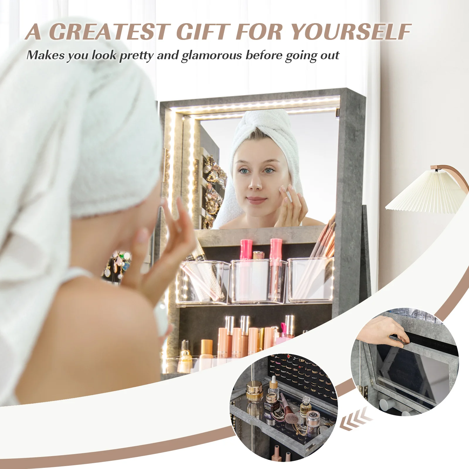 360° Rotating Mirrored Jewelry Cabinet, 3 LED Modes Lockable, Green - Image 9