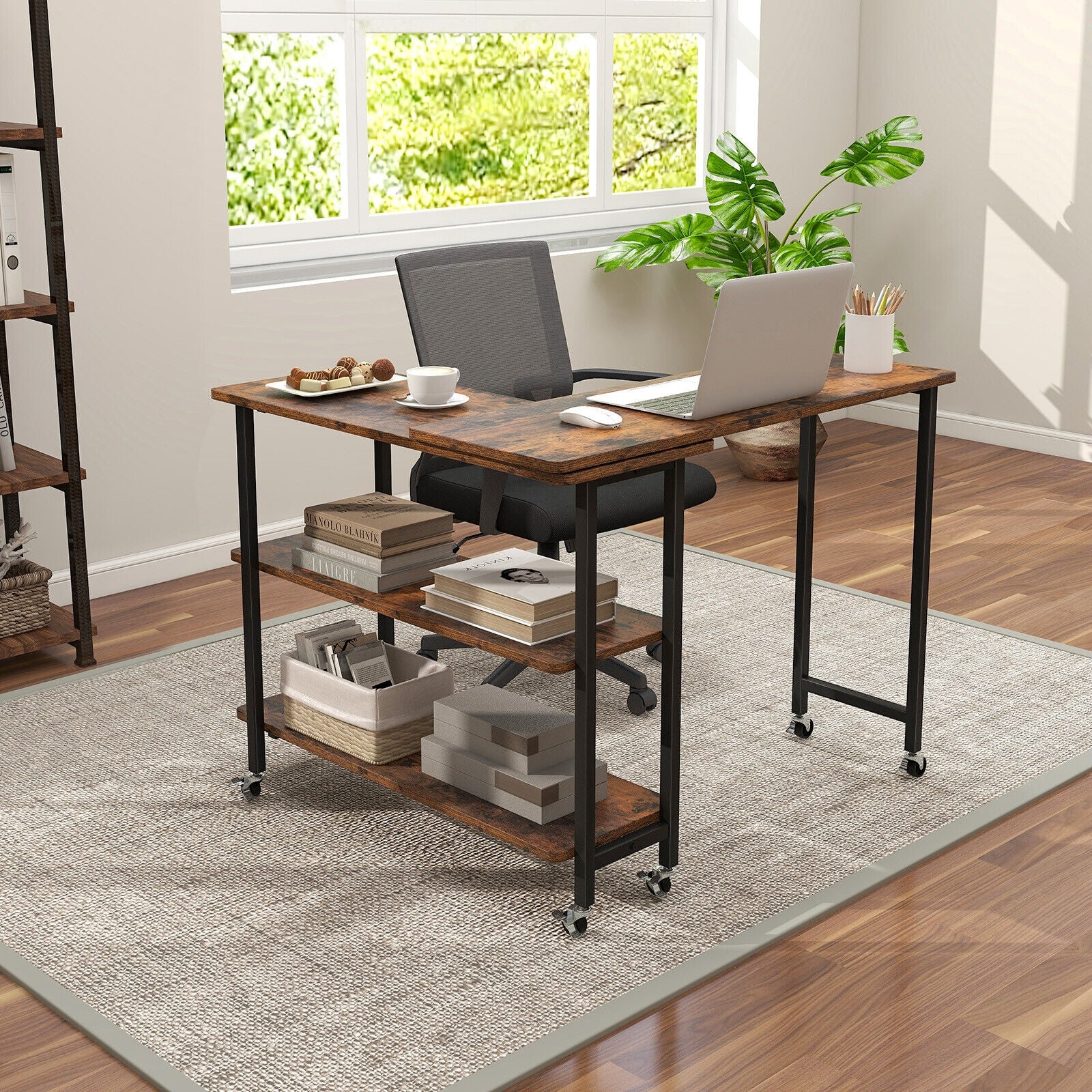 360° Rotating Side Table, 2-Tier Storage Shelves, Rustic Brown - Image 2