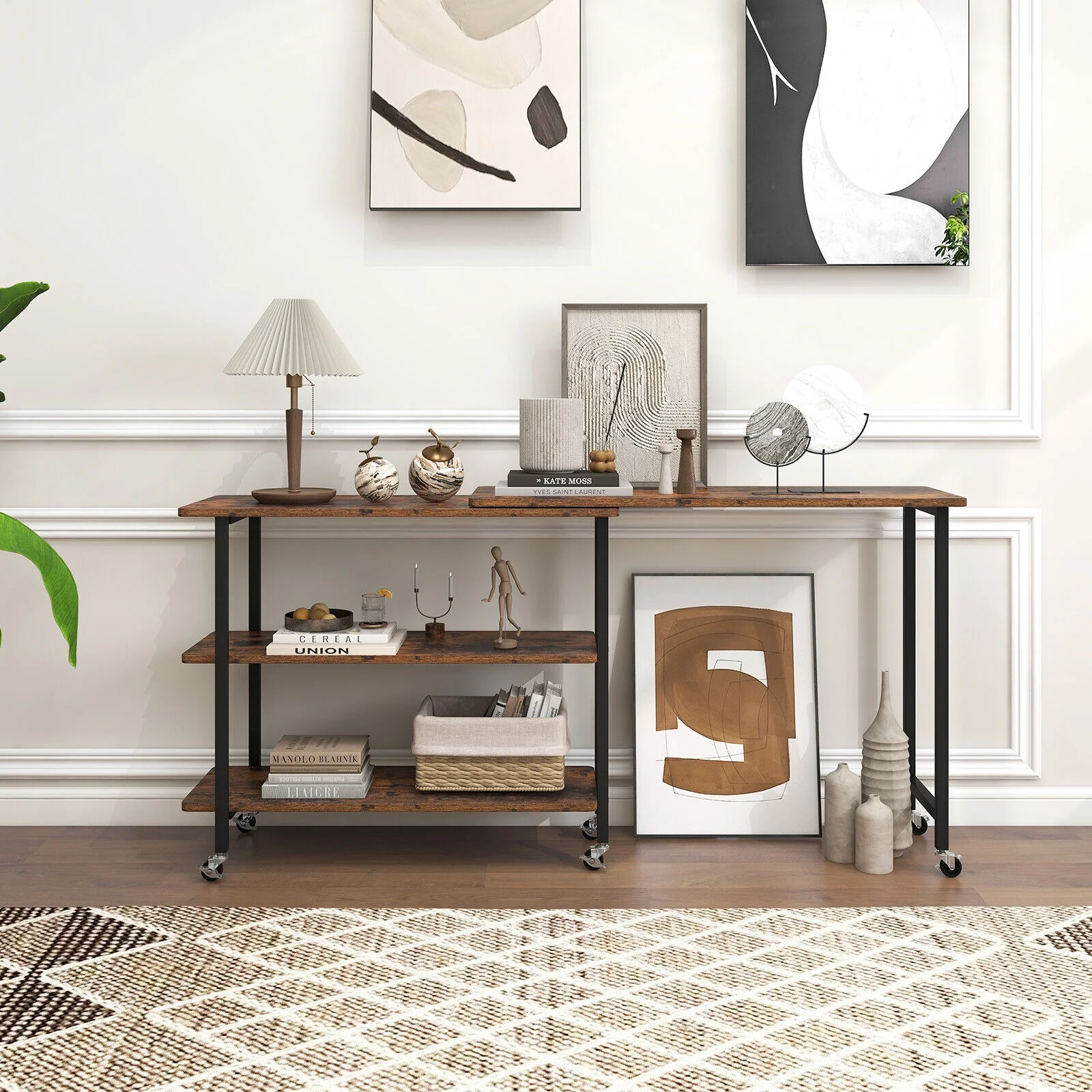 360° Rotating Side Table, 2-Tier Storage Shelves, Rustic Brown - Image 3