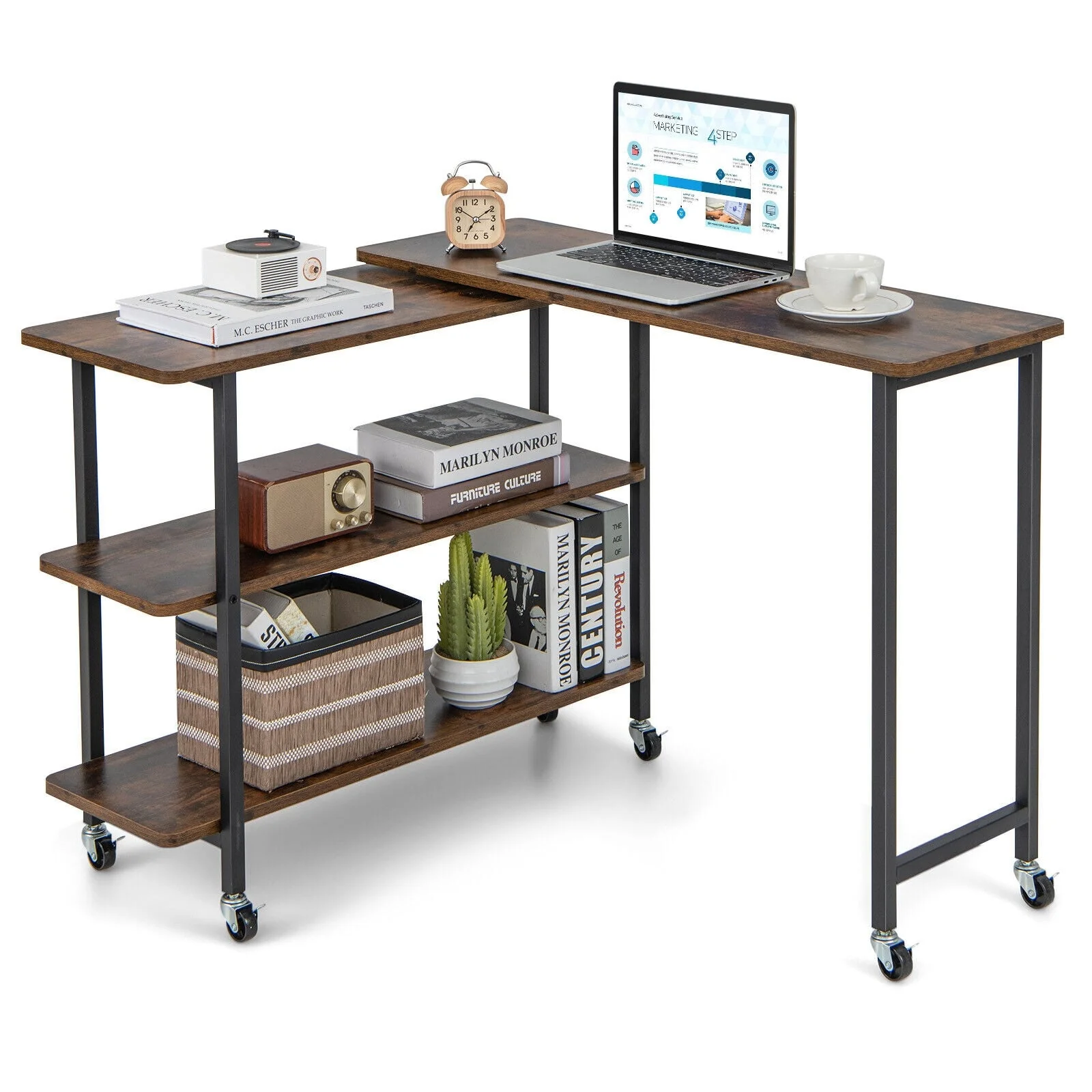 360° Rotating Side Table, 2-Tier Storage Shelves, Rustic Brown - Image 4