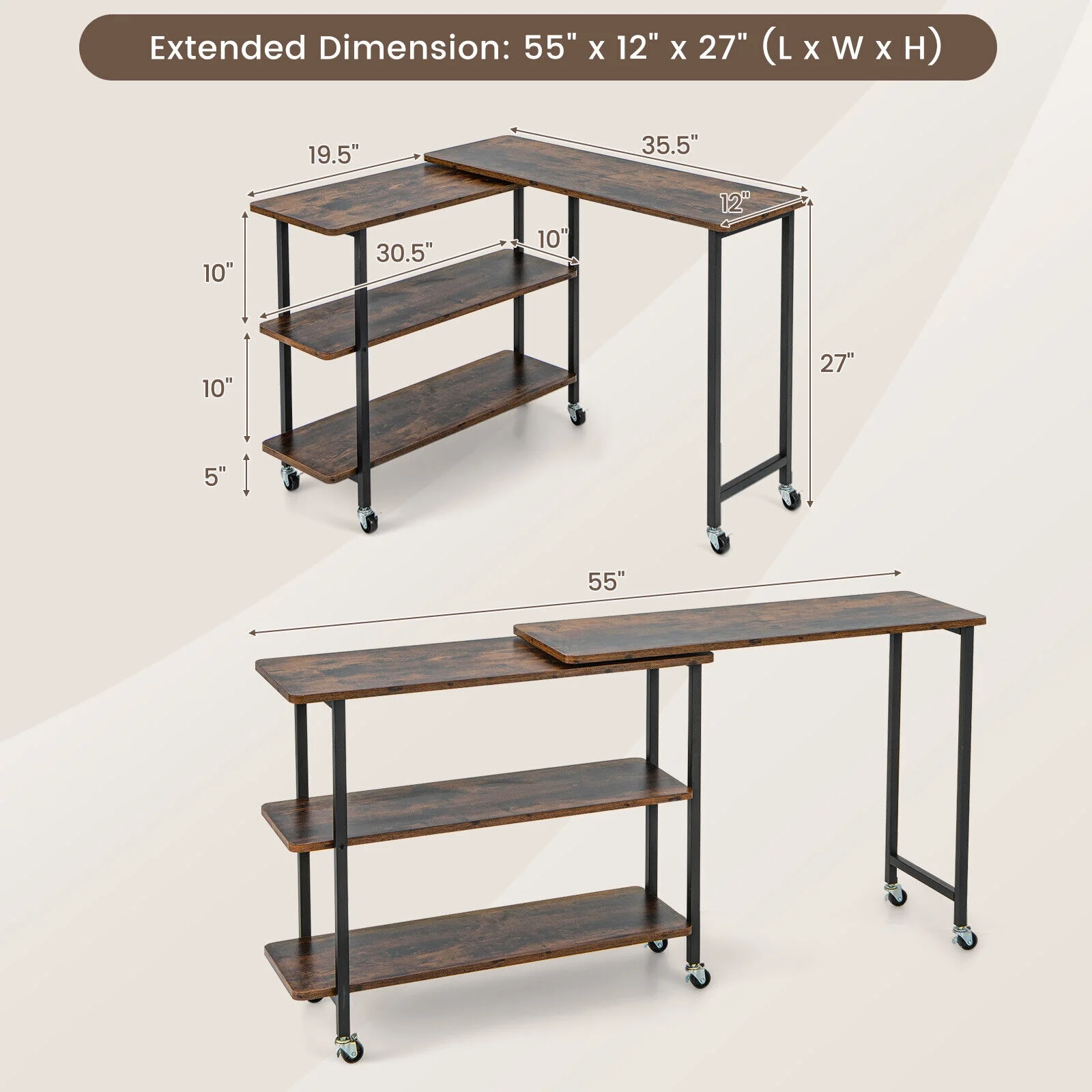 360° Rotating Side Table, 2-Tier Storage Shelves, Rustic Brown - Image 5