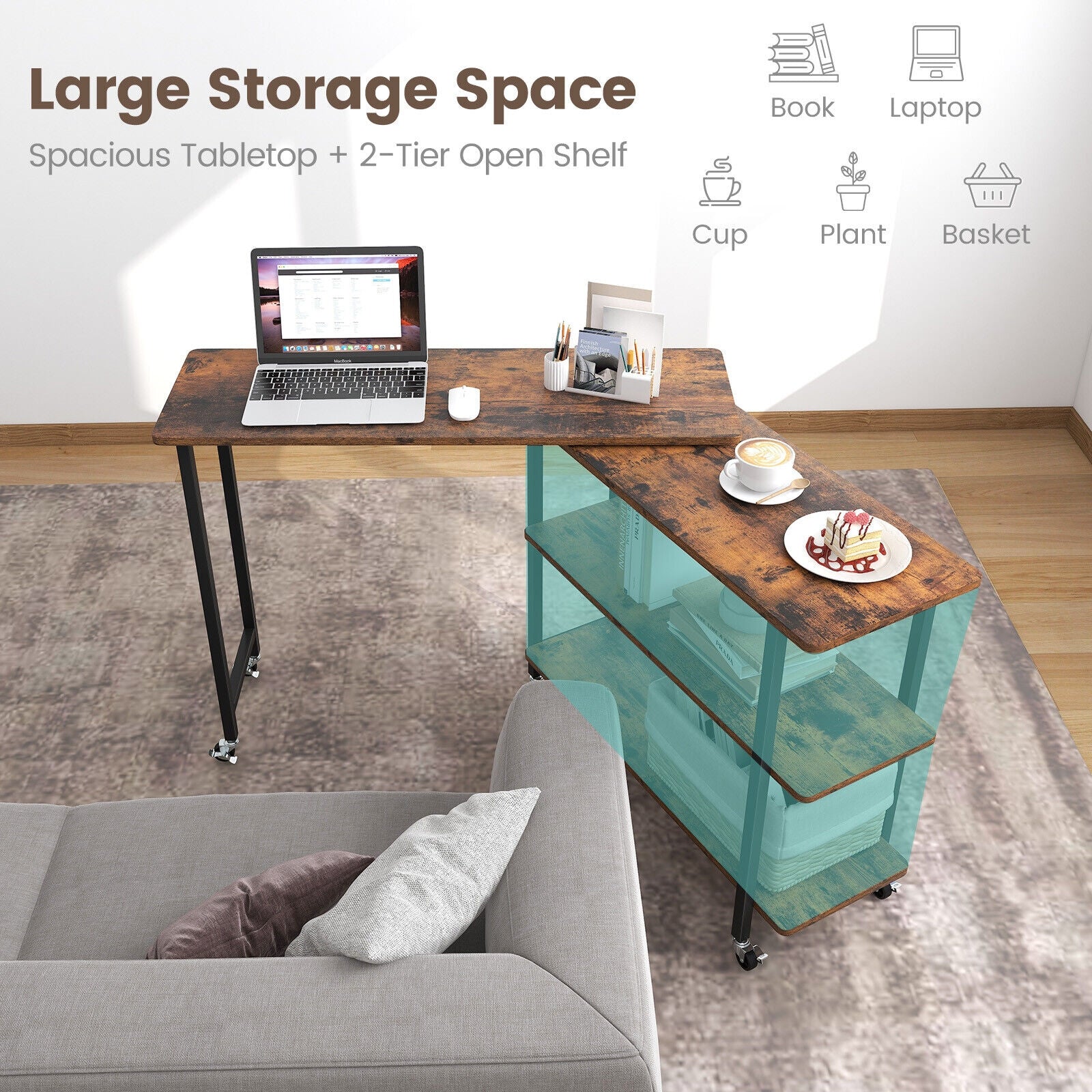 360° Rotating Side Table, 2-Tier Storage Shelves, Rustic Brown - Image 6