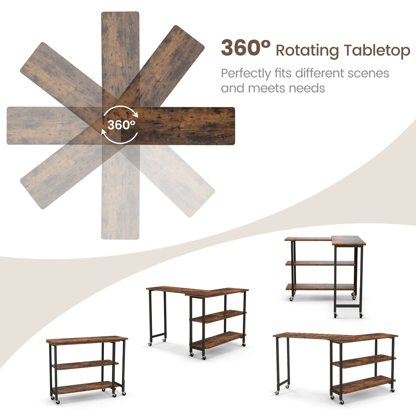 360° Rotating Side Table, 2-Tier Storage Shelves, Rustic Brown - Image 7