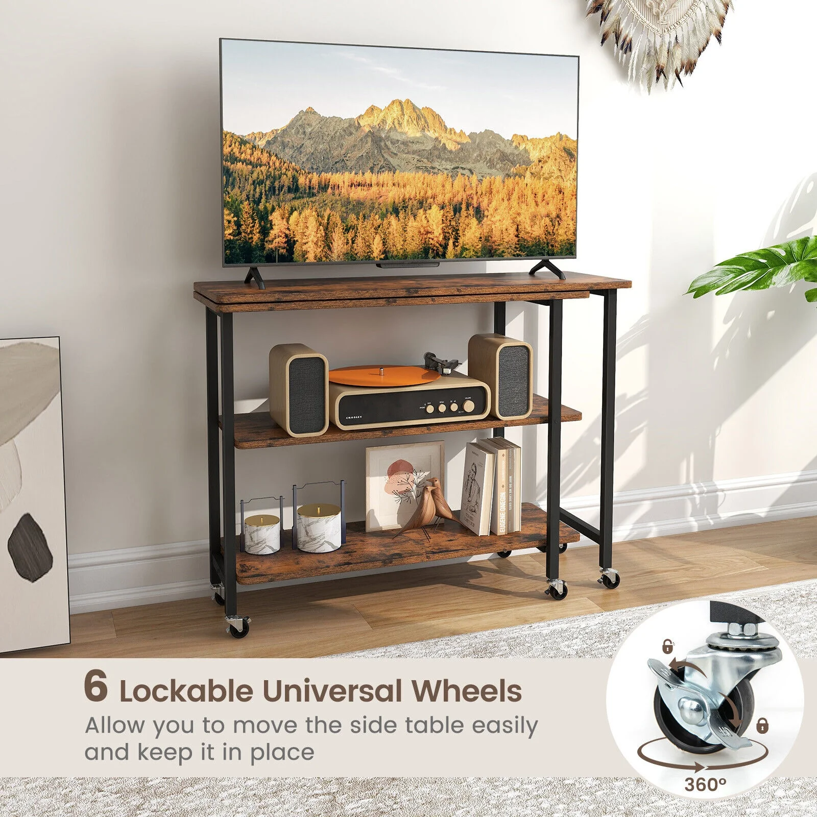 360° Rotating Side Table, 2-Tier Storage Shelves, Rustic Brown - Image 8
