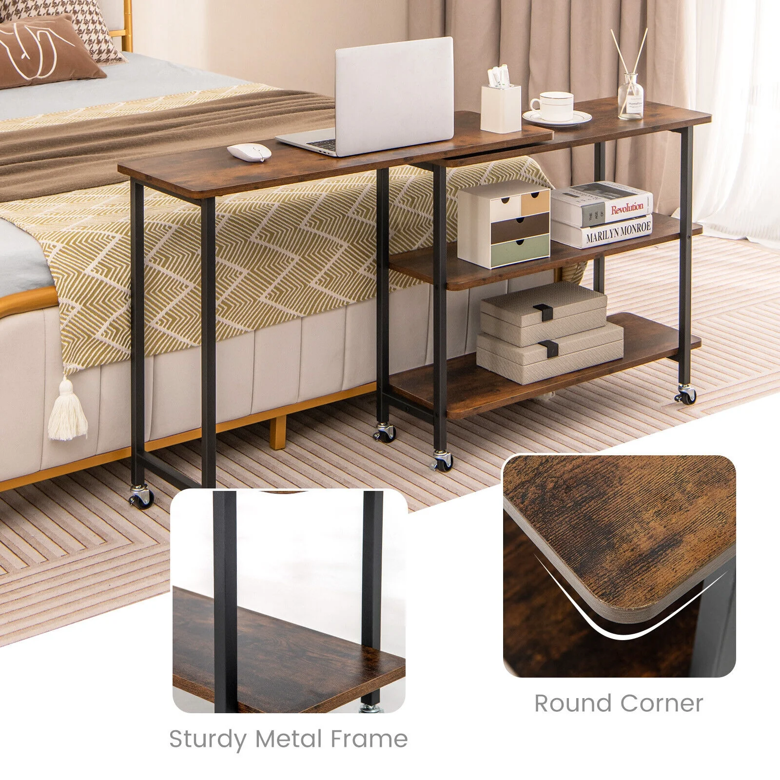 360° Rotating Side Table, 2-Tier Storage Shelves, Rustic Brown - Image 9