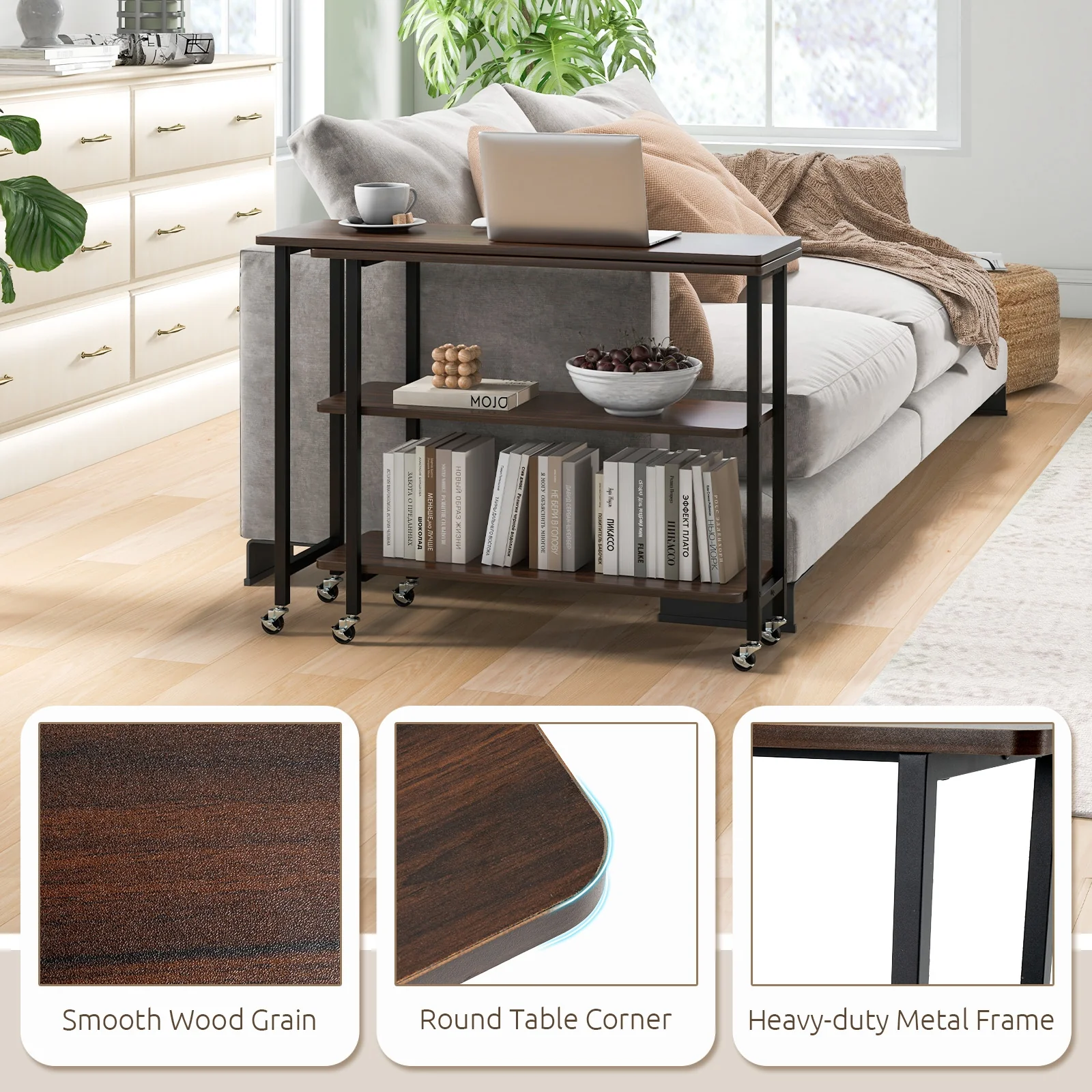 360° Rotating Sofa Side Table, 2-Tier Storage Shelves, Walnut - Image 10