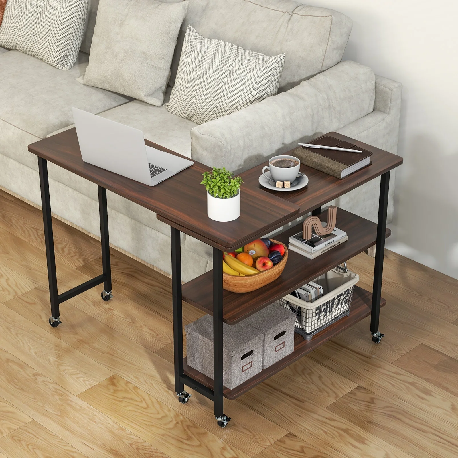 360° Rotating Sofa Side Table, 2-Tier Storage Shelves, Walnut - Image 2