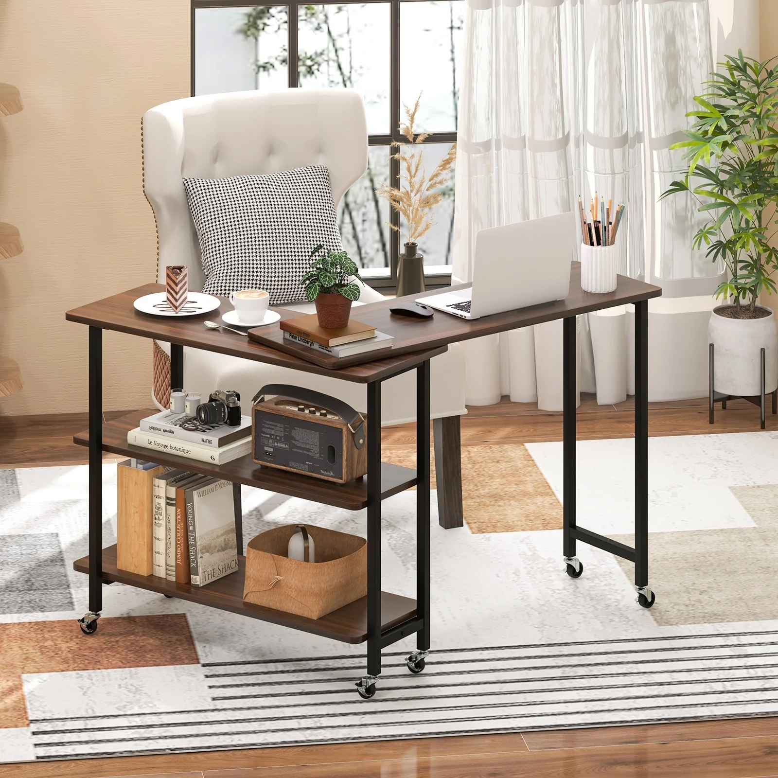 360° Rotating Sofa Side Table, 2-Tier Storage Shelves, Walnut - Image 3