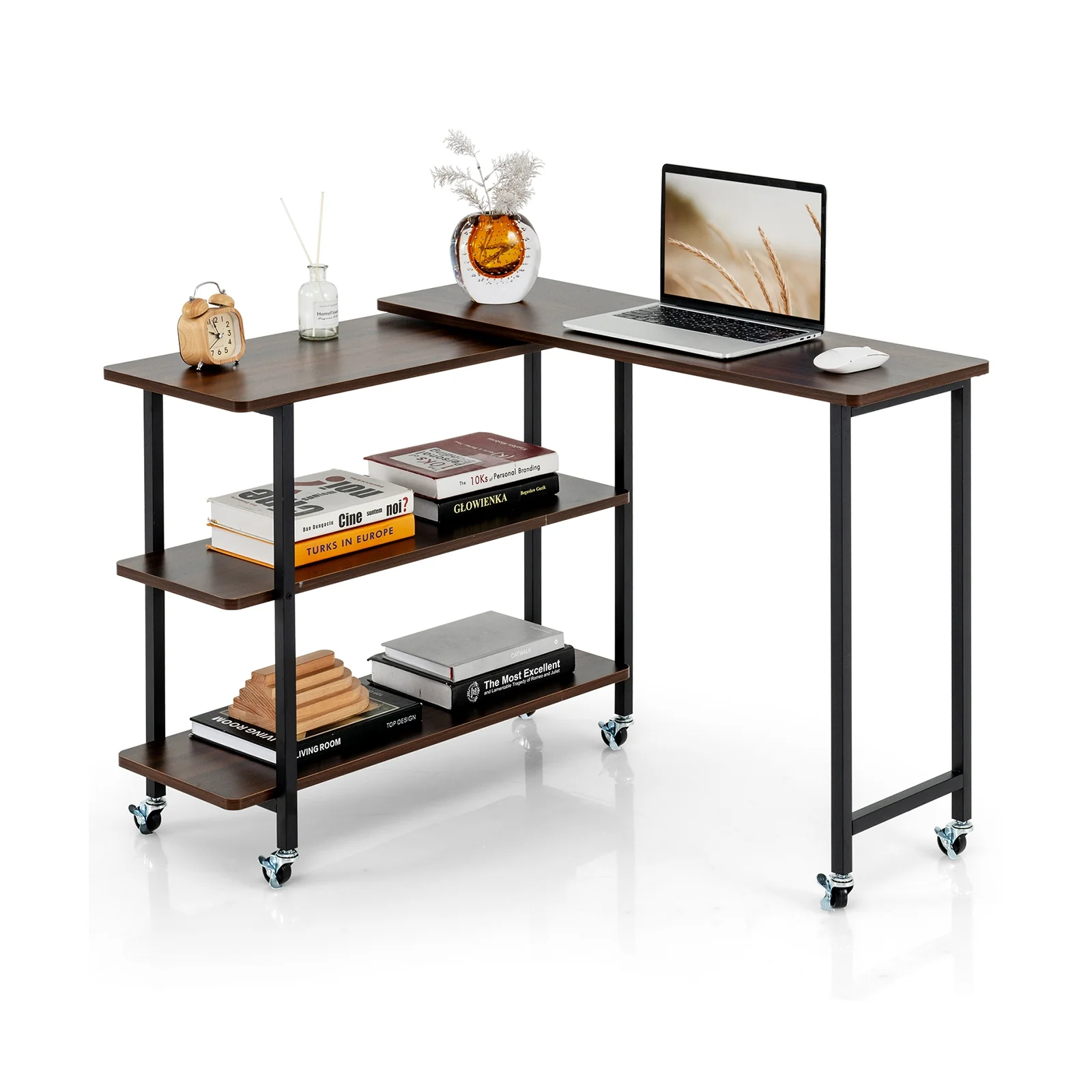 360° Rotating Sofa Side Table, 2-Tier Storage Shelves, Walnut - Image 4