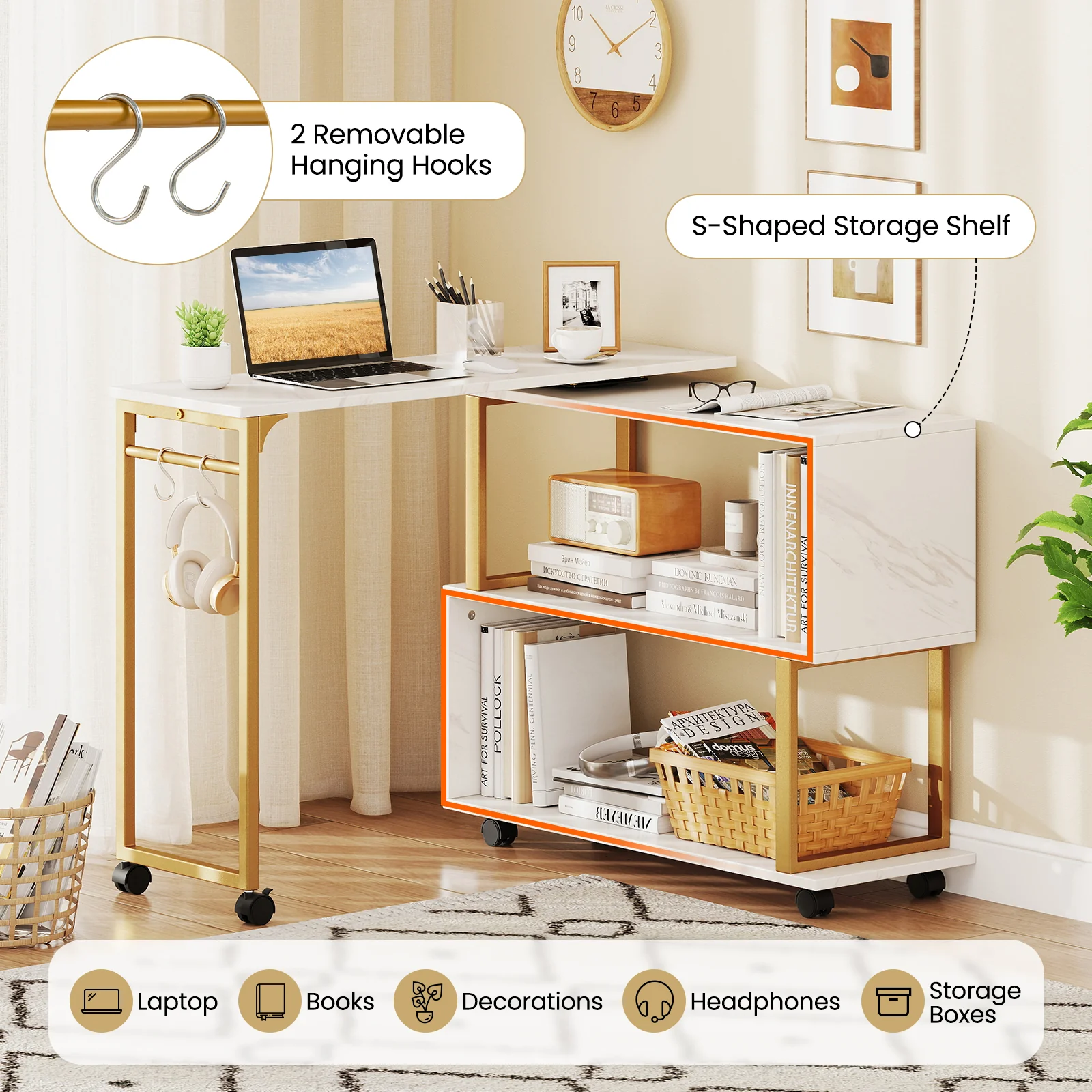 360° Rotating Sofa Side Table with Storage Bookcase and Hooks for Living Room, White - Image 10