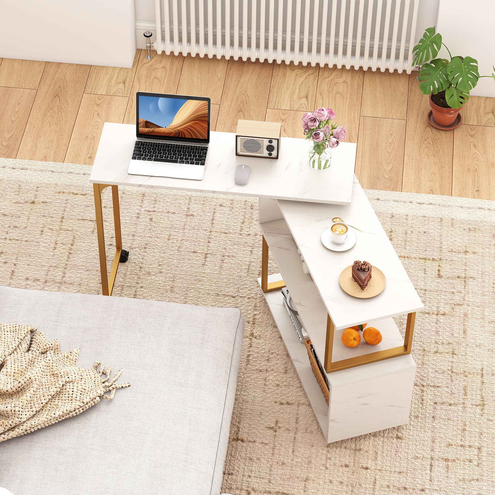 360° Rotating Sofa Side Table with Storage Bookcase and Hooks for Living Room, White - Image 2