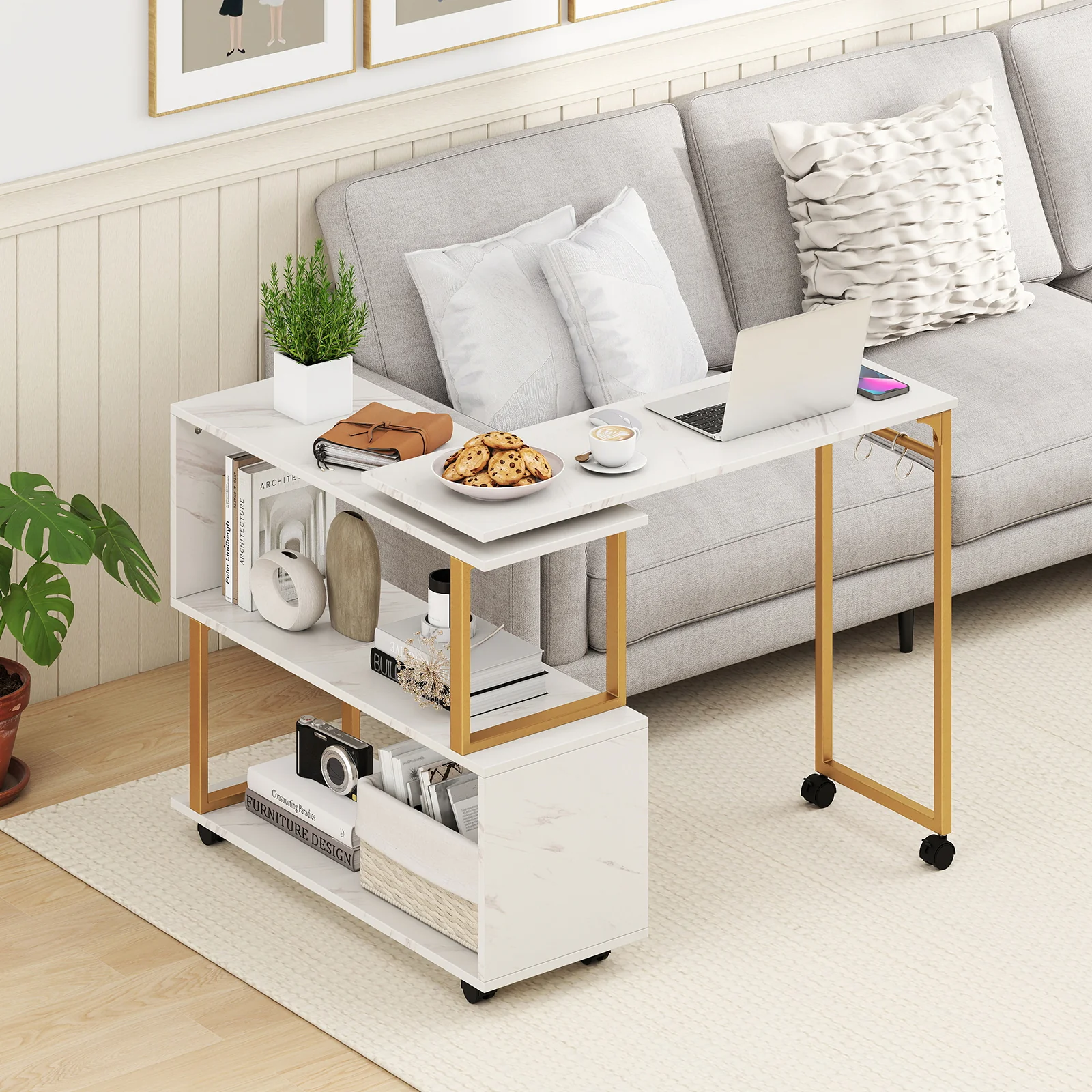 360° Rotating Sofa Side Table with Storage Bookcase and Hooks for Living Room, White - Image 3