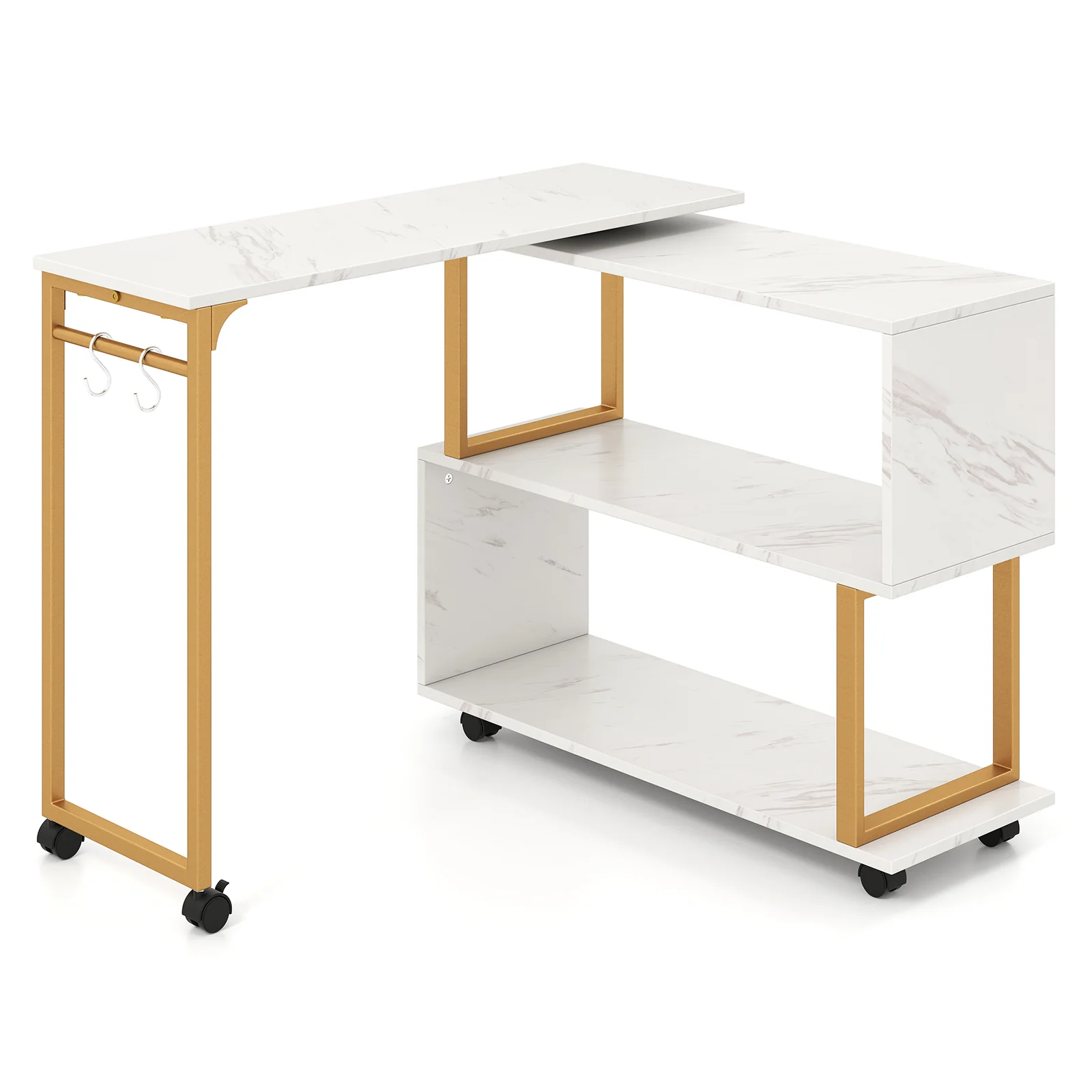 360° Rotating Sofa Side Table with Storage Bookcase and Hooks for Living Room, White - Image 4