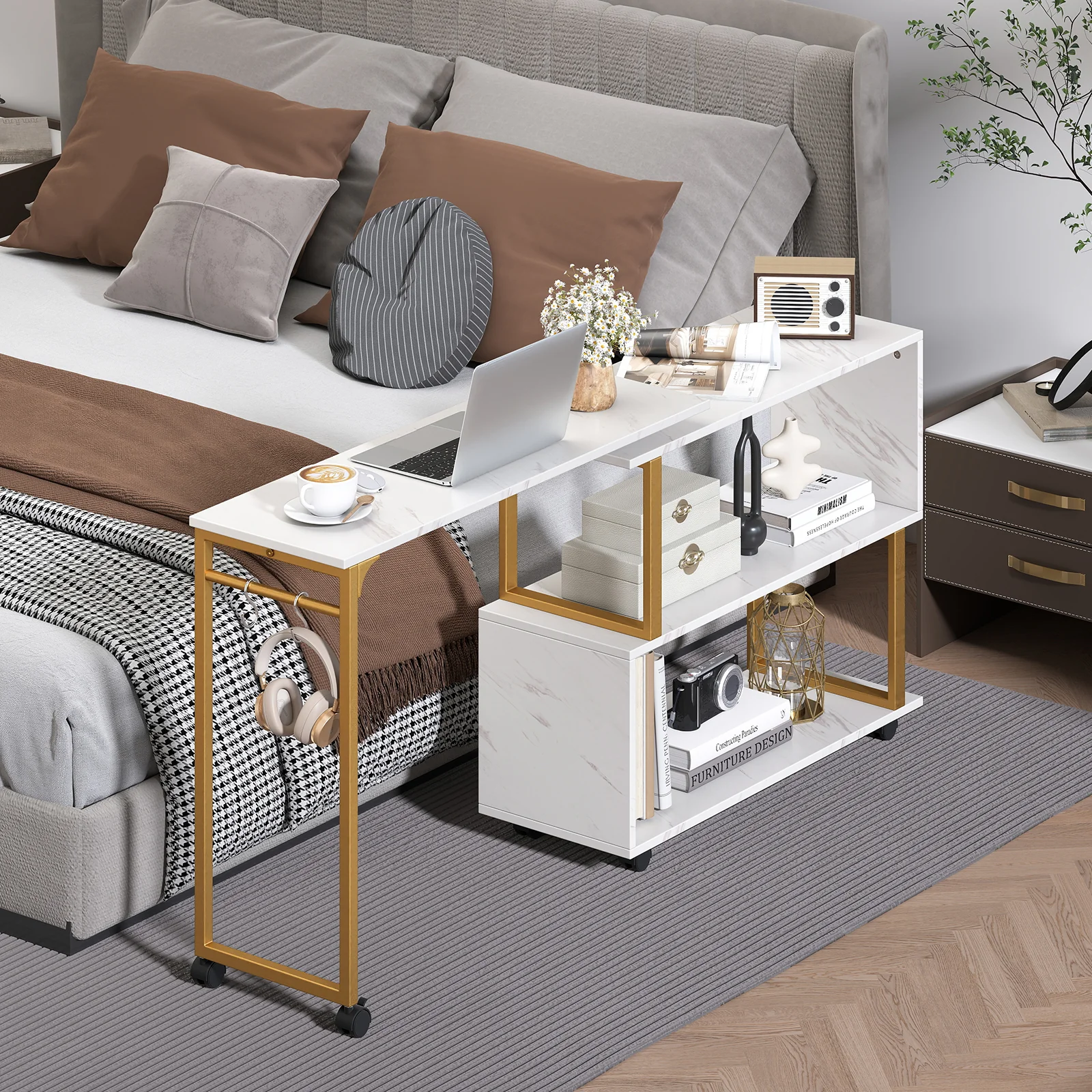 360° Rotating Sofa Side Table with Storage Bookcase and Hooks for Living Room, White - Image 8