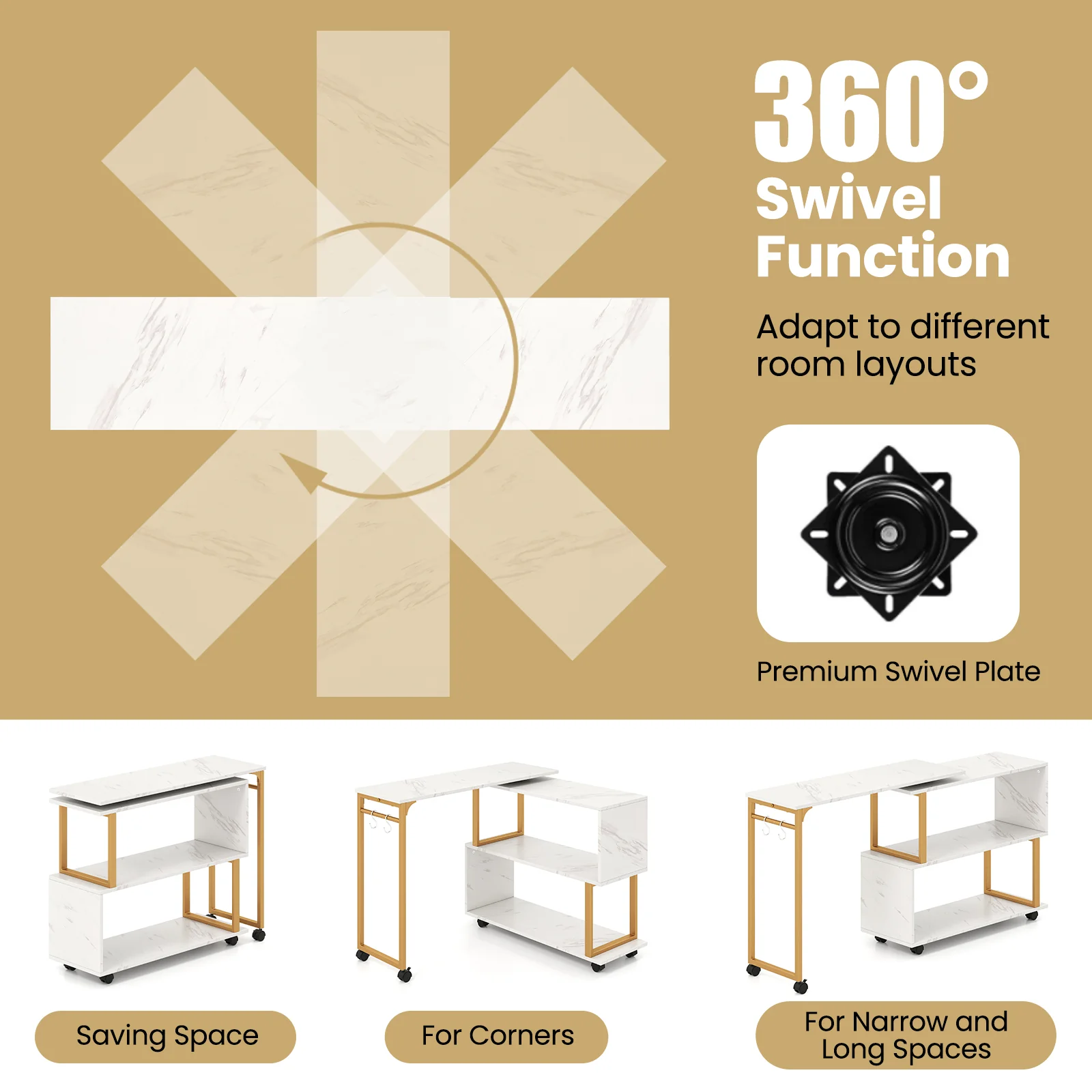 360° Rotating Sofa Side Table with Storage Bookcase and Hooks for Living Room, White - Image 9